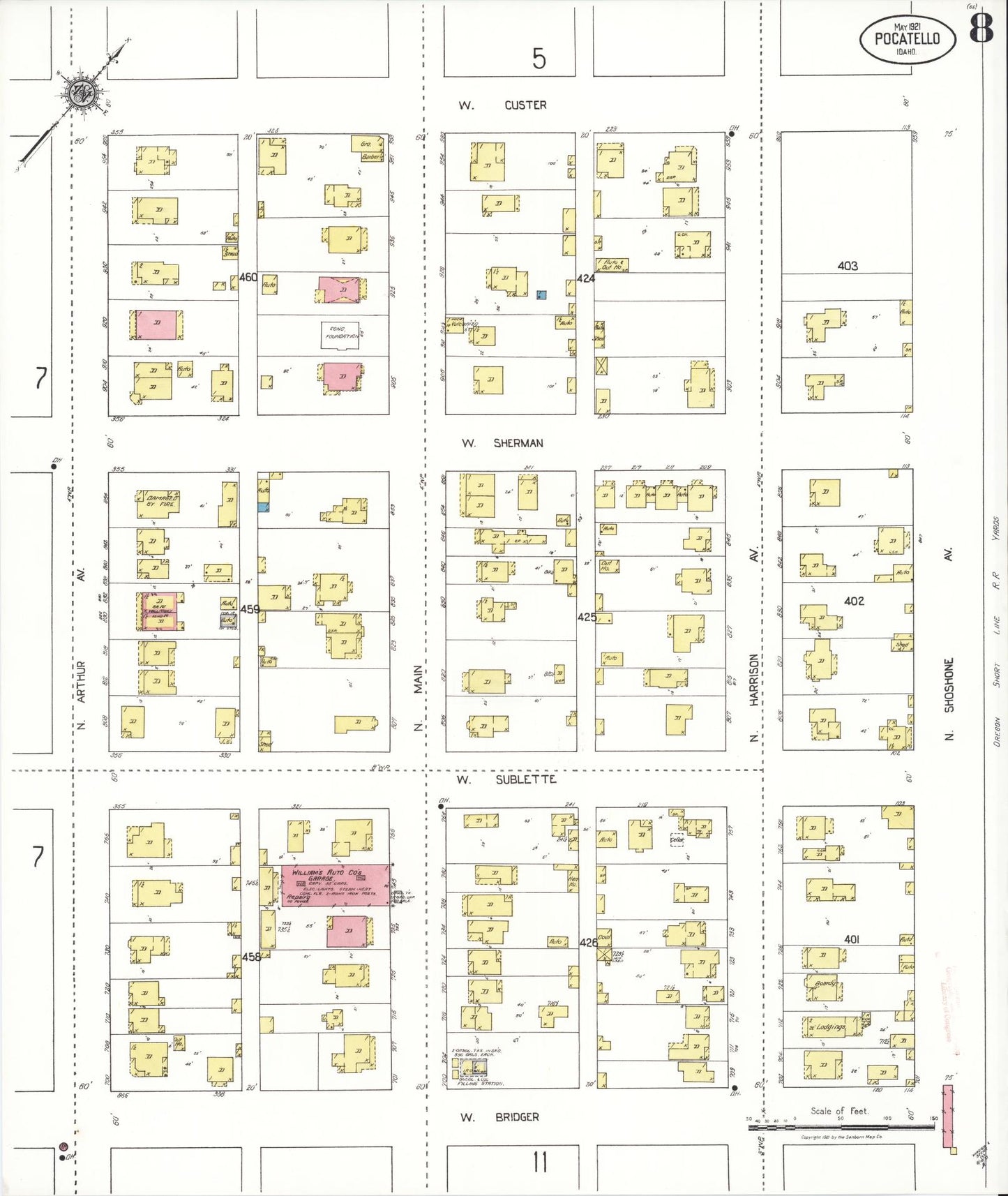 Sanborn Fire Insurance Map from Pocatello, Bannock County, Idaho (1921), Sheet #0008 - Historic Sanborn Fire Insurance Map Print, vintage old map wall art, antique decor, genealogy gift, Idaho Idaho map