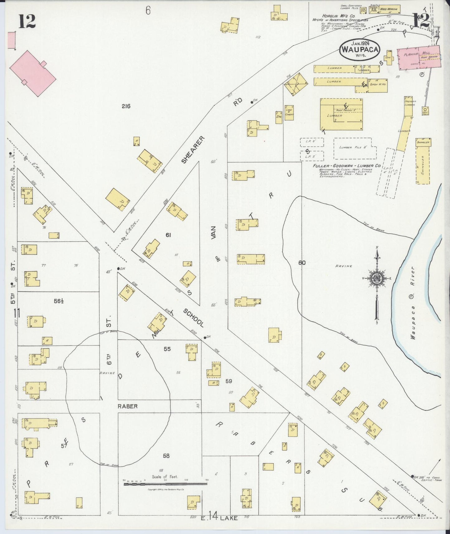 Sanborn Fire Insurance Map from Waupaca, Waupaca County, Wisconsin (1924), Sheet #0012 - Historic Sanborn Fire Insurance Map Print, vintage old map wall art, antique decor, genealogy gift, Wisconsin Wisconsin map
