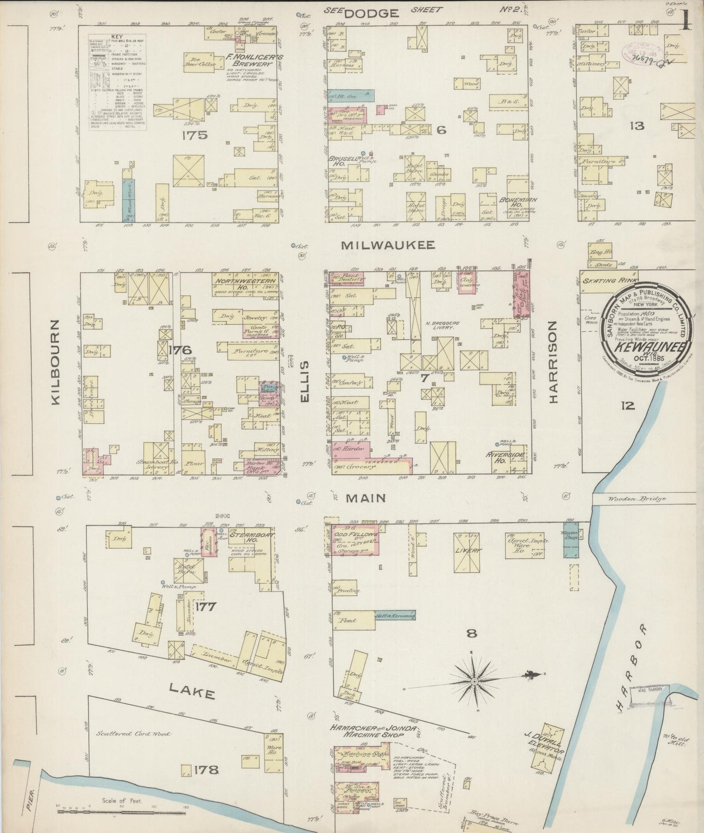 Sanborn Fire Insurance Map from Kewaunee, Kewaunee County, Wisconsin (1885), Sheet #0001 - Complete Map Set gallery image, historic Sanborn map, vintage wall art, Wisconsin Wisconsin