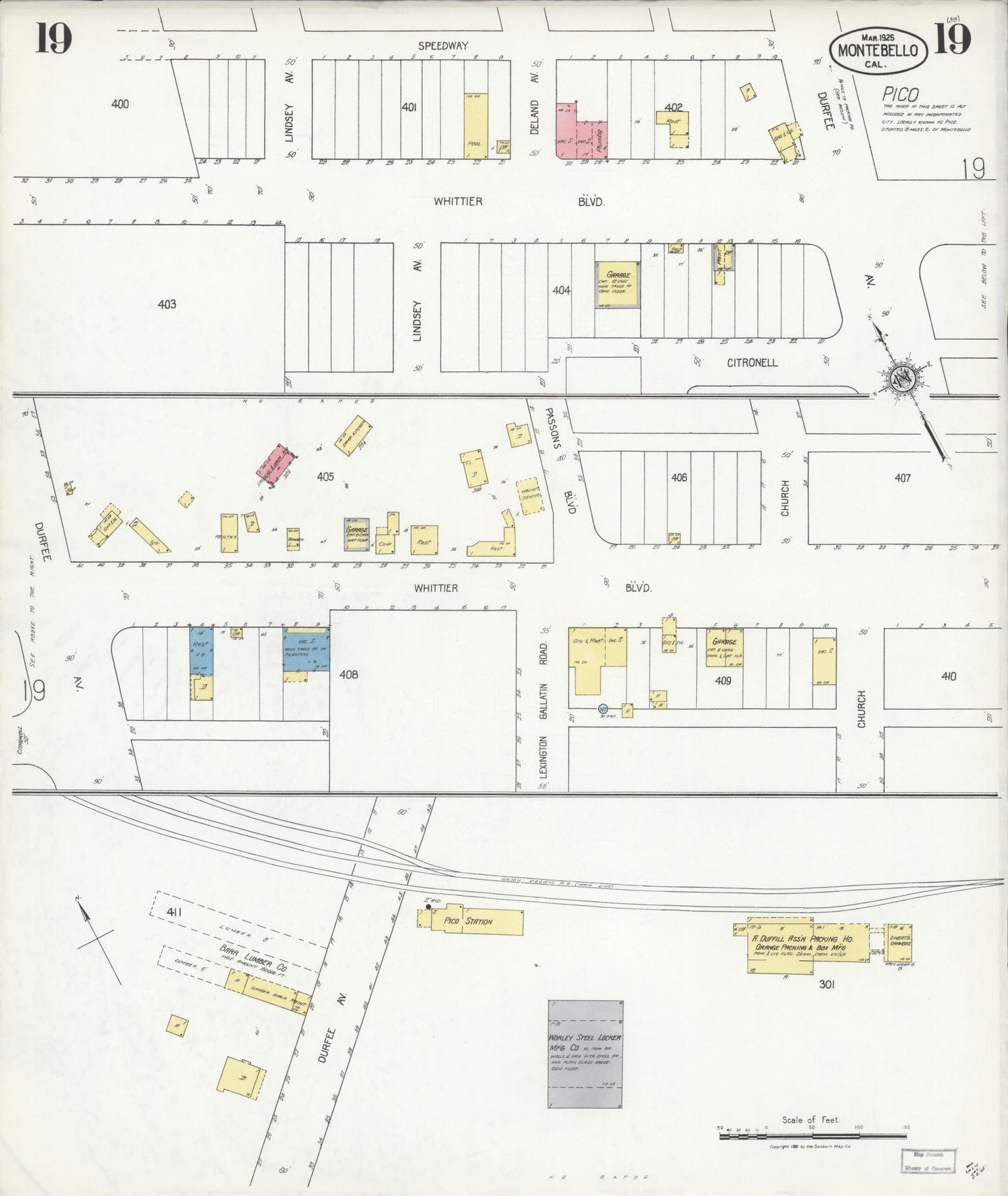Sanborn Fire Insurance Map from Montebello, Los Angeles County, California (1925), Sheet #0019 - Historic Sanborn Fire Insurance Map Print, vintage old map wall art, antique decor, genealogy gift, California California map