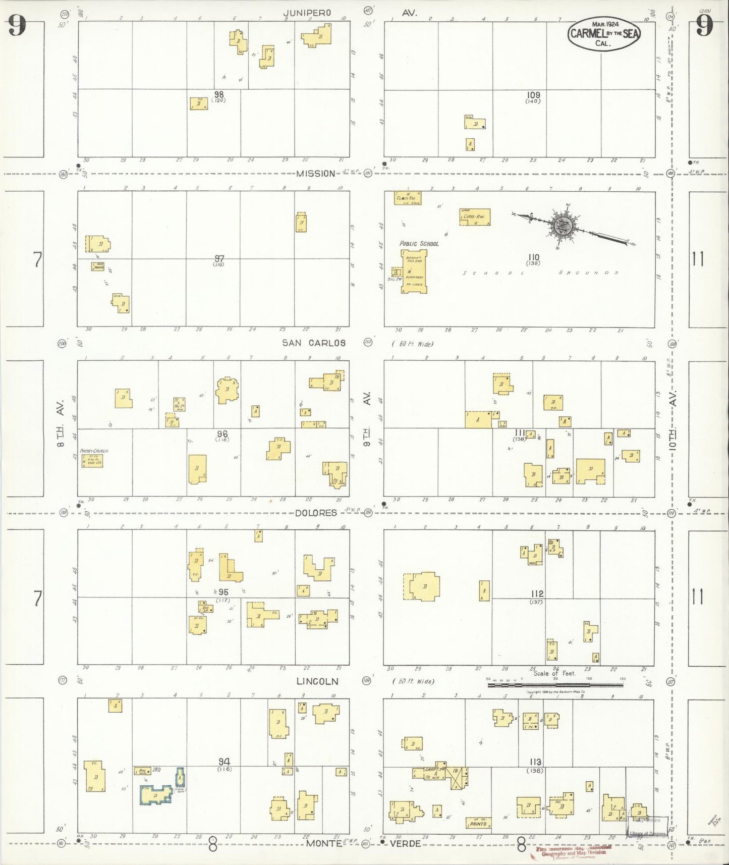 Sanborn Fire Insurance Map from Carmel By The Sea, Monterey County, California (1924), Sheet #0009 - Historic Sanborn Fire Insurance Map Print, vintage old map wall art, antique decor, genealogy gift, California California map