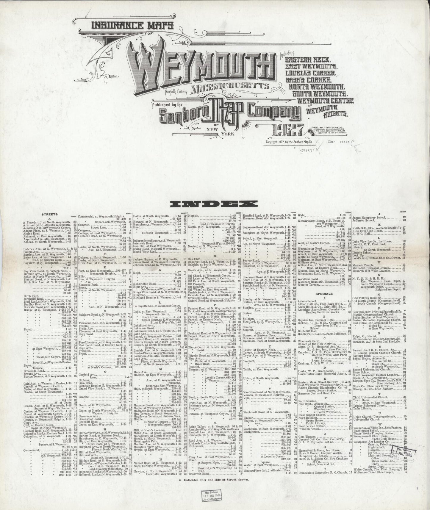 Sanborn Fire Insurance Map from Weymouth, Norfolk County, Massachusetts (1927), Sheet #0001 - Historic Sanborn Fire Insurance Map Print, vintage old map wall art, antique decor, genealogy gift, Massachusetts Massachusetts map