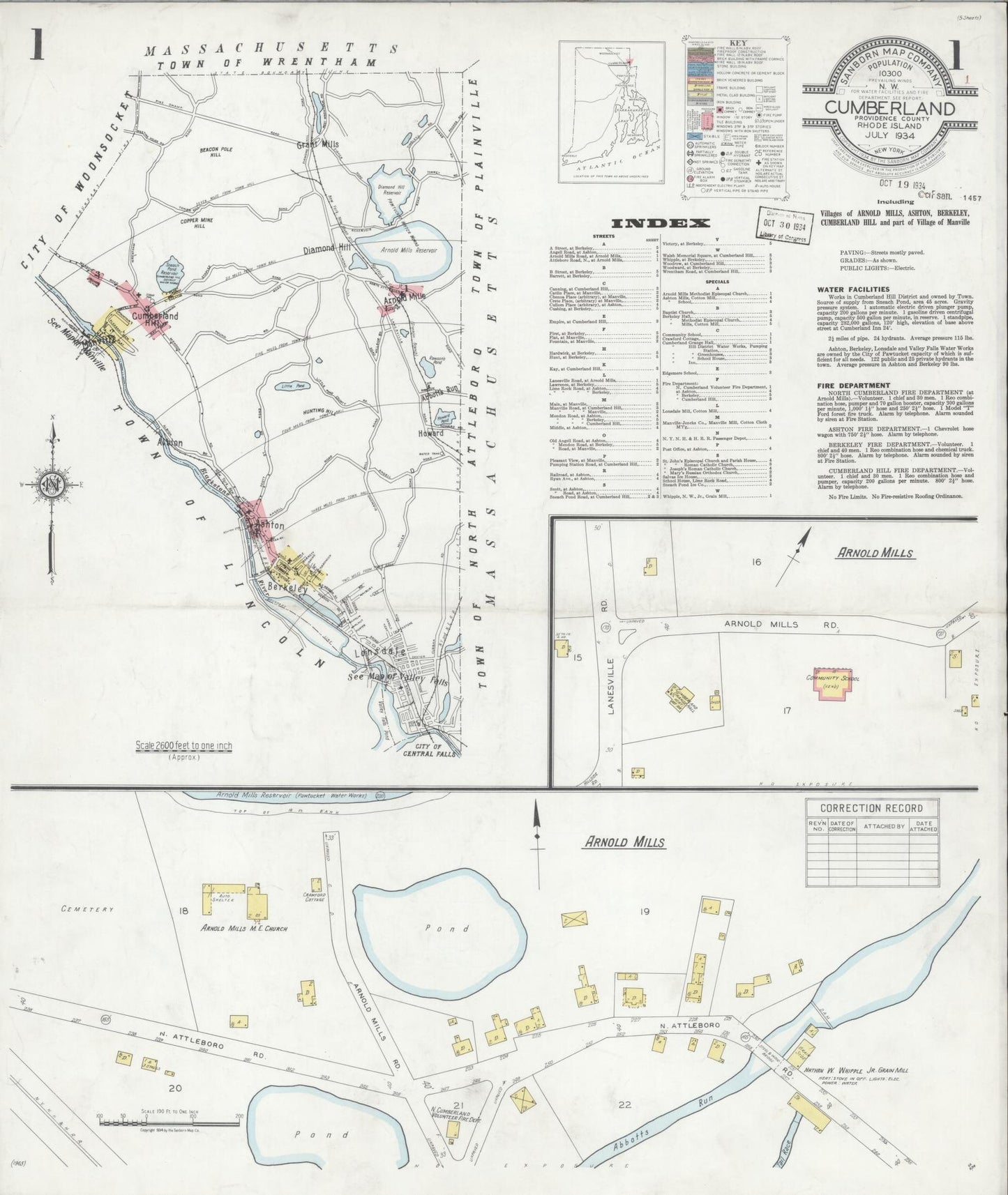 Sanborn Fire Insurance Map from Cumberland, Providence County, Rhode Island (1934), Sheet #0001 - Historic Sanborn Fire Insurance Map Print, vintage old map wall art, antique decor, genealogy gift, Rhode Island Rhode Island map