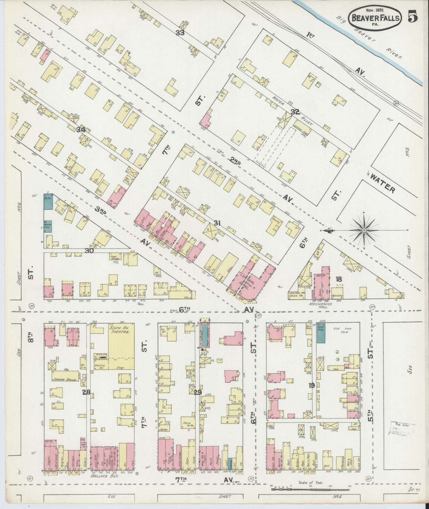 Sanborn Fire Insurance Map from Beaver Falls, Beaver County, Pennsylvania (1891), Sheet #0005 - Historic Sanborn Fire Insurance Map Print, vintage old map wall art, antique decor, genealogy gift, Pennsylvania Pennsylvania map