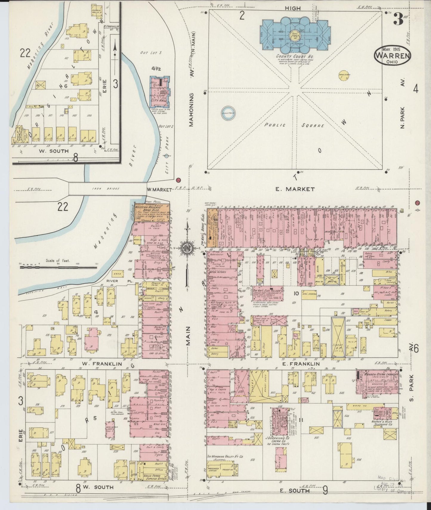 Sanborn Fire Insurance Map from Warren, Trumbull County, Ohio (1915), Sheet #0003 - Historic Sanborn Fire Insurance Map Print, vintage old map wall art, antique decor, genealogy gift, Ohio Ohio map