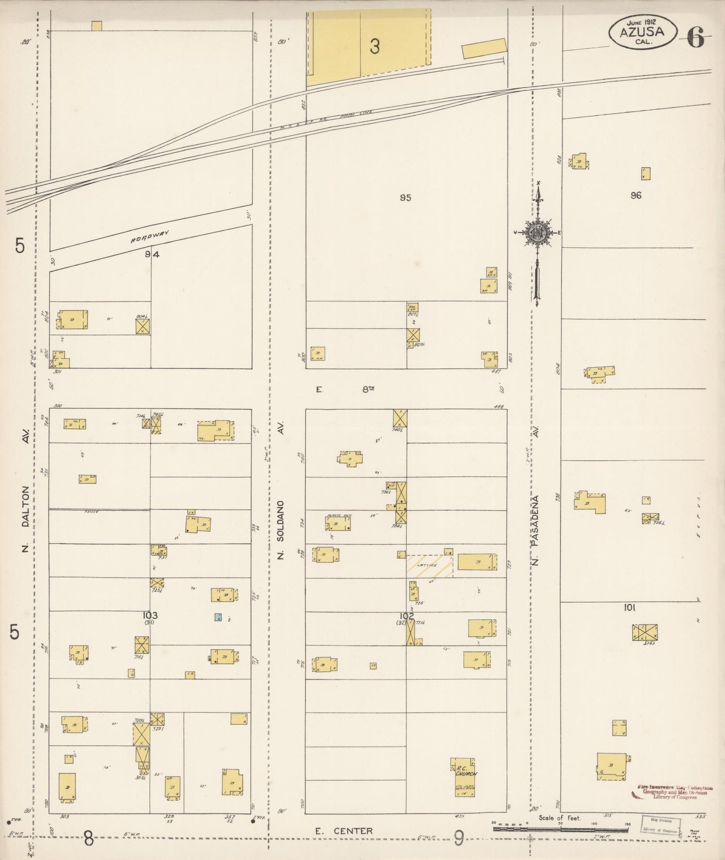 Sanborn Fire Insurance Map from Azusa, Los Angeles County, California (1912), Sheet #0006 - Historic Sanborn Fire Insurance Map Print, vintage old map wall art, antique decor, genealogy gift, California California map