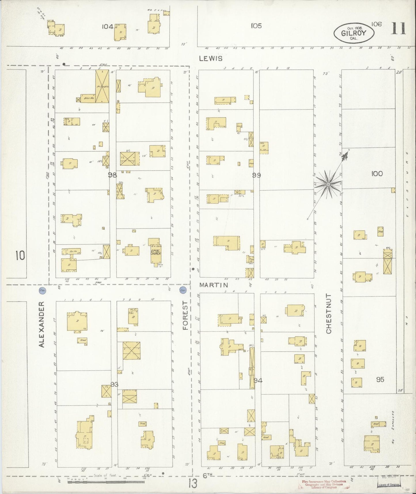 Sanborn Fire Insurance Map from Gilroy, Santa Clara County, California (1906), Sheet #0011 - Historic Sanborn Fire Insurance Map Print, vintage old map wall art, antique decor, genealogy gift, California California map