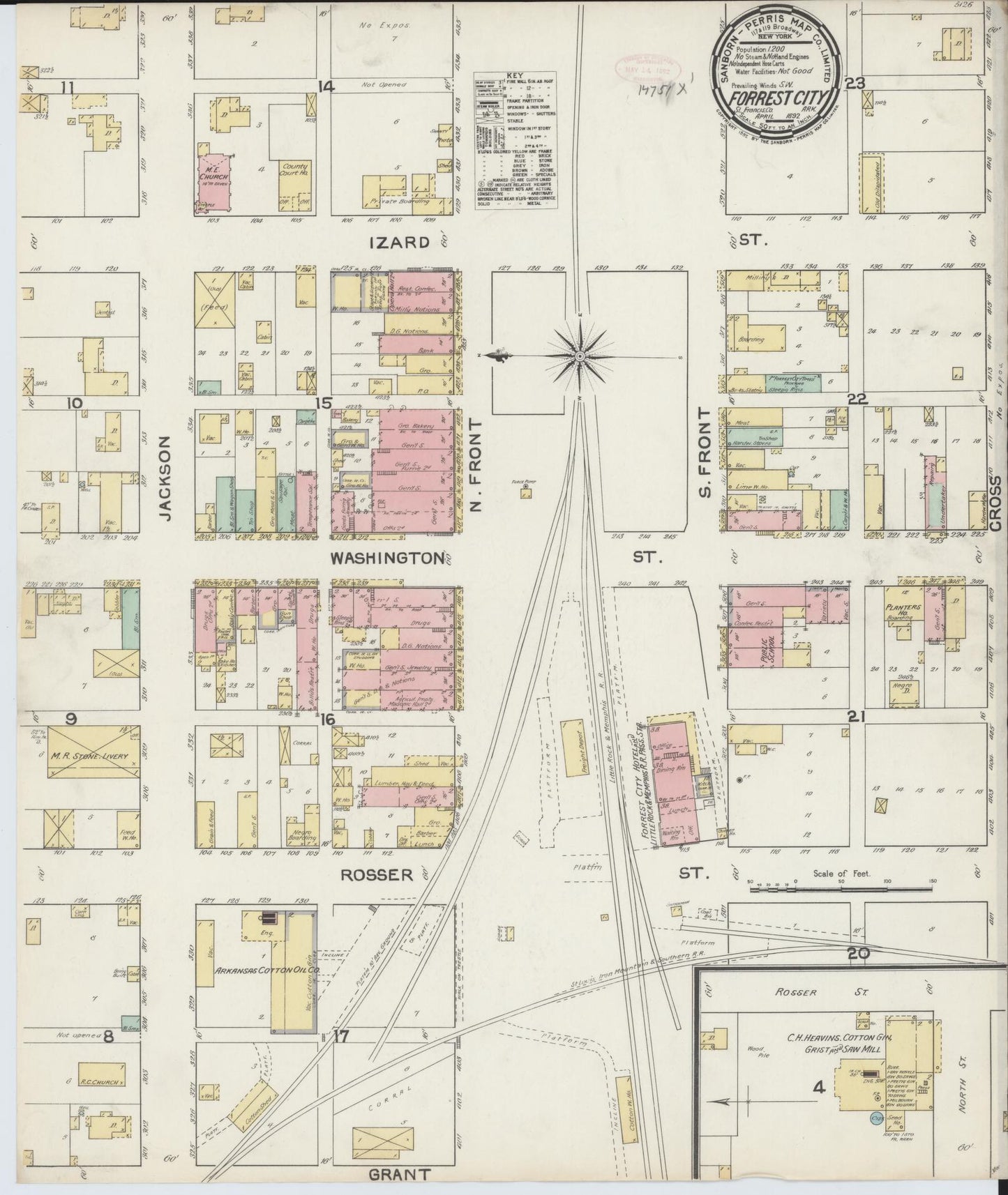 Sanborn Fire Insurance Map from Forrest City, Saint Francis County, Arkansas (1892), Sheet #0001 - Historic Sanborn Fire Insurance Map Print, vintage old map wall art, antique decor, genealogy gift, Arkansas Arkansas map