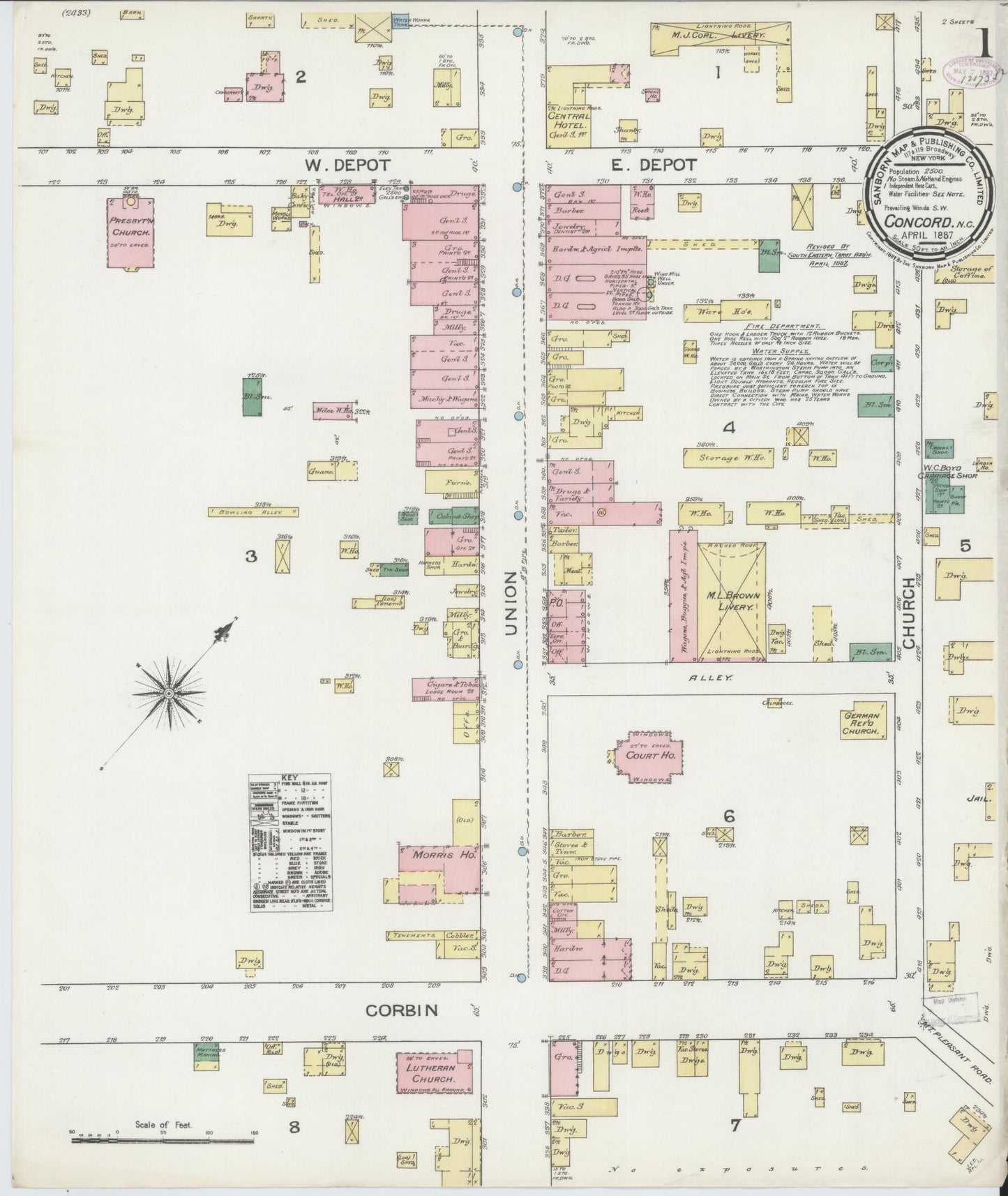 Sanborn Fire Insurance Map from Concord, Cabarrus County, North Carolina (1887), Sheet #0001 - Historic Sanborn Fire Insurance Map Print, vintage old map wall art, antique decor, genealogy gift, North Carolina North Carolina map