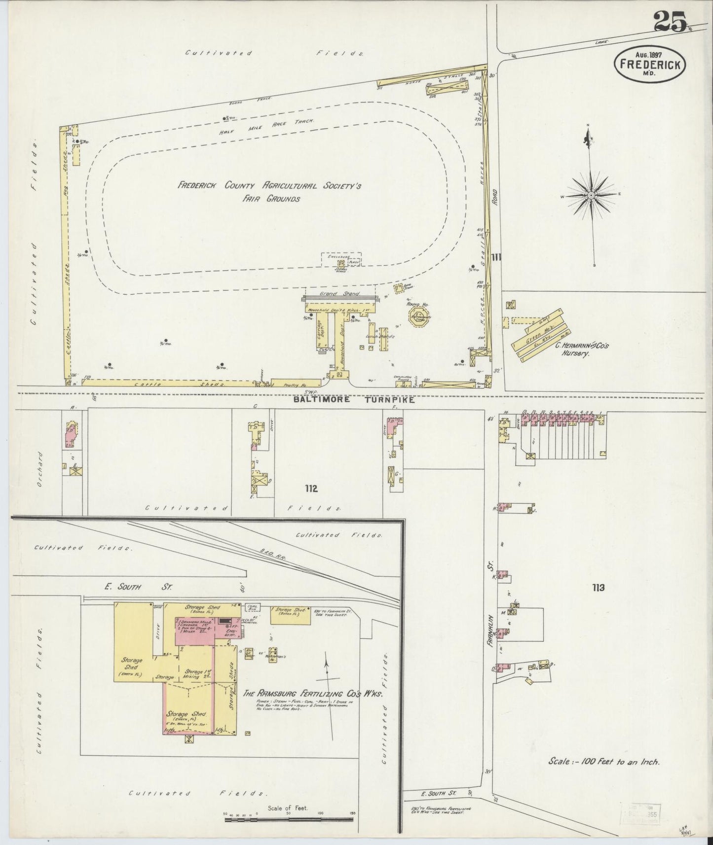 Frederick, Maryland - 1897 - Sanborn Fire Insurance Map, Sheet #0025 - Historic Sanborn Fire Insurance Map Print, Frederick Maryland 1897 0025 vintage old map wall art