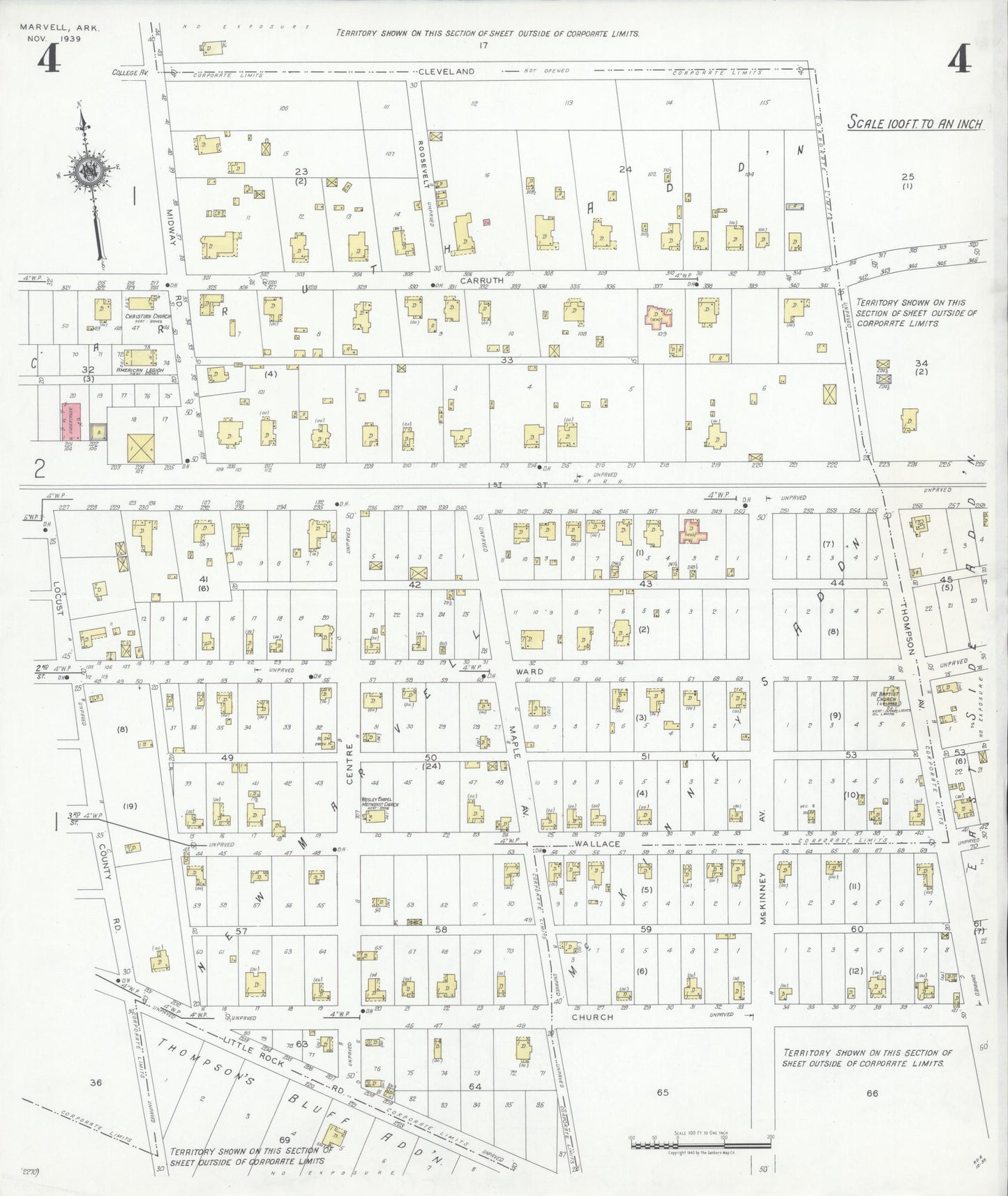 Sanborn Fire Insurance Map from Marvell, Phillips County, Arkansas (1939), Sheet #0004 - Historic Sanborn Fire Insurance Map Print, vintage old map wall art, antique decor, genealogy gift, Arkansas Arkansas map