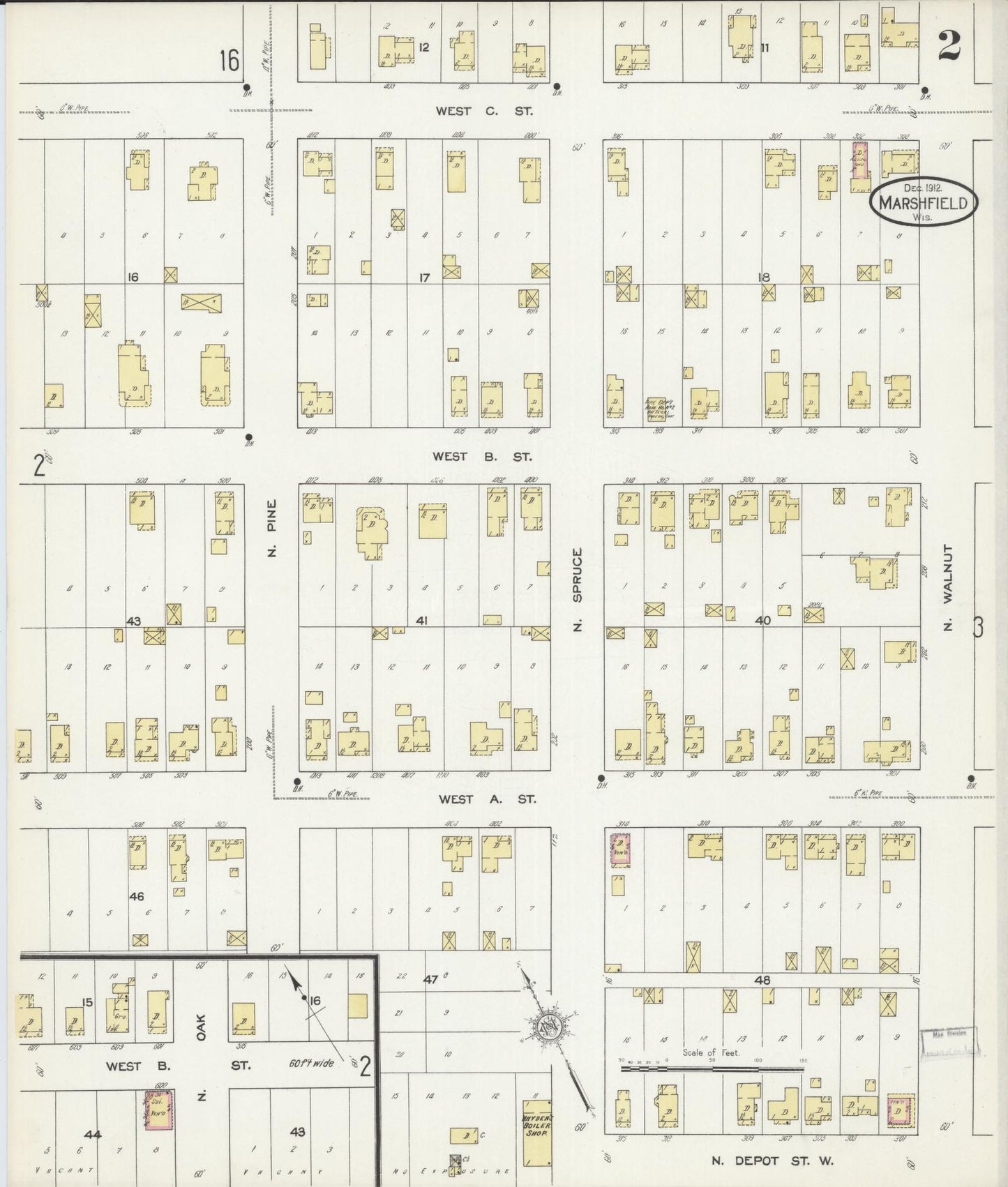 Sanborn Fire Insurance Map from Marshfield, Wood County, Wisconsin (1912), Sheet #0002 - Historic Sanborn Fire Insurance Map Print, vintage old map wall art, antique decor, genealogy gift, Wisconsin Wisconsin map