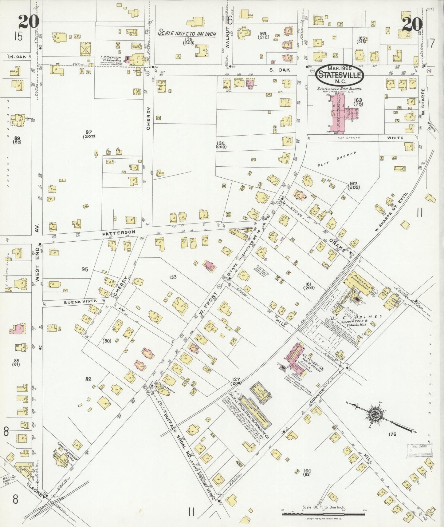 Sanborn Fire Insurance Map from Statesville, Iredell County, North Carolina (1925), Sheet #0020 - Historic Sanborn Fire Insurance Map Print, vintage old map wall art, antique decor, genealogy gift, North Carolina North Carolina map