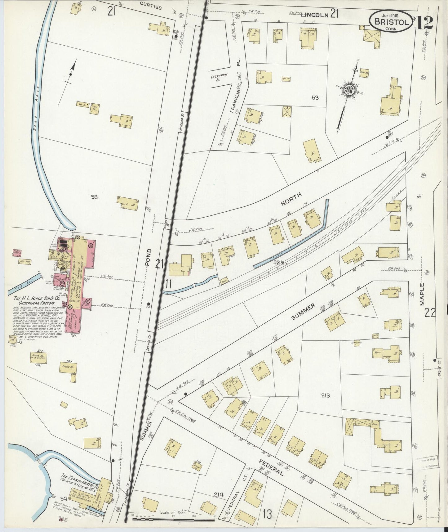 Sanborn Fire Insurance Map from Bristol, Hartford County, Connecticut (1916), Sheet #0012 - Historic Sanborn Fire Insurance Map Print, vintage old map wall art, antique decor, genealogy gift, Connecticut Connecticut map