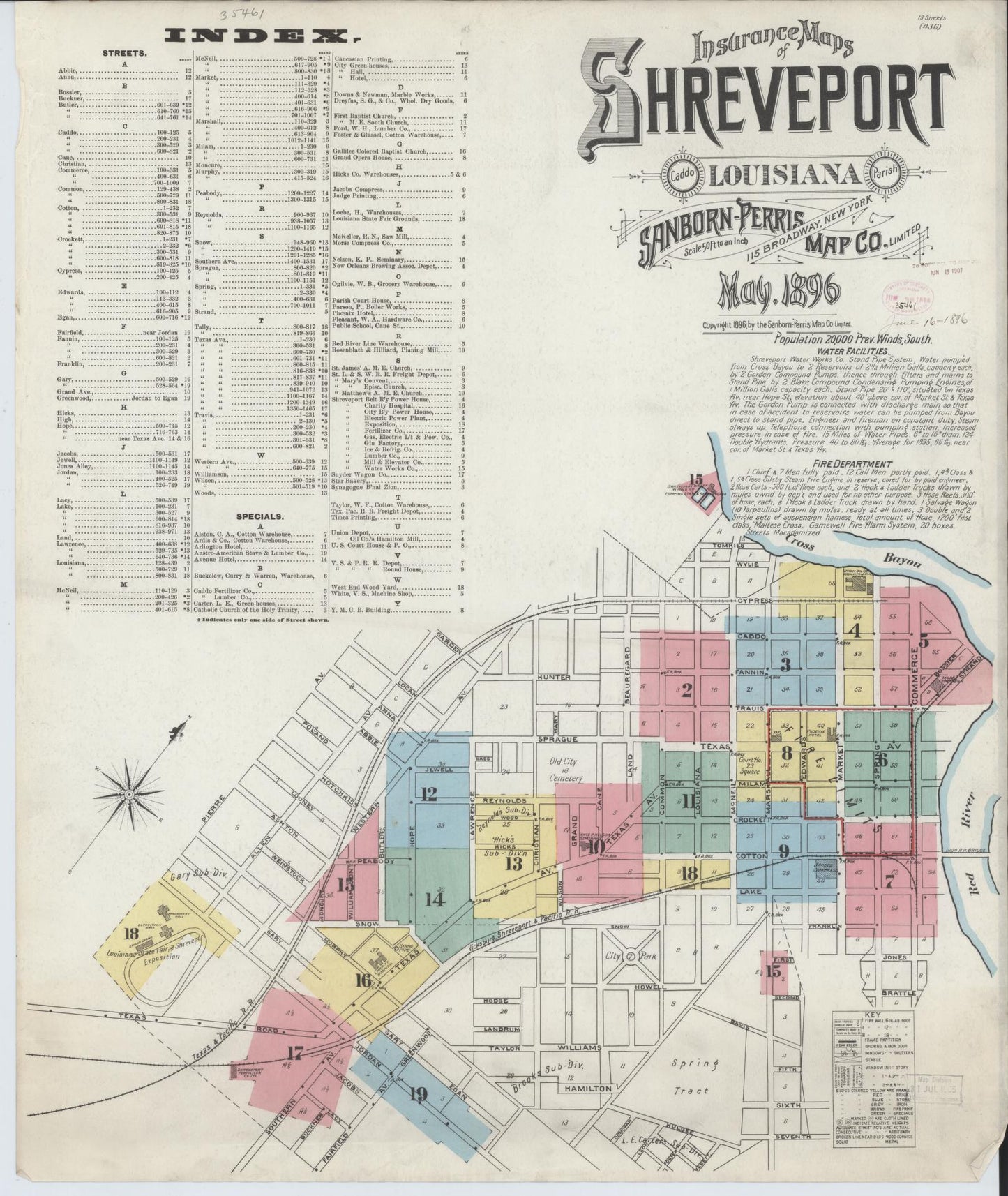 Sanborn Fire Insurance Map from Shreveport, Caddo Parish, Louisiana (1896), Sheet #0001 - Historic Sanborn Fire Insurance Map Print, vintage old map wall art, antique decor, genealogy gift, Louisiana Louisiana map