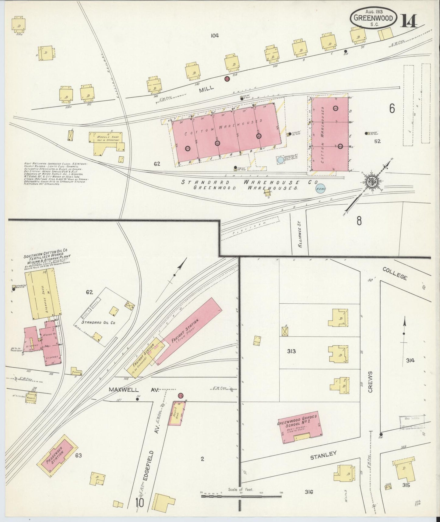 Sanborn Fire Insurance Map from Greenwood, Greenwood County, South Carolina (1913), Sheet #0014 - Historic Sanborn Fire Insurance Map Print, vintage old map wall art, antique decor, genealogy gift, South Carolina South Carolina map