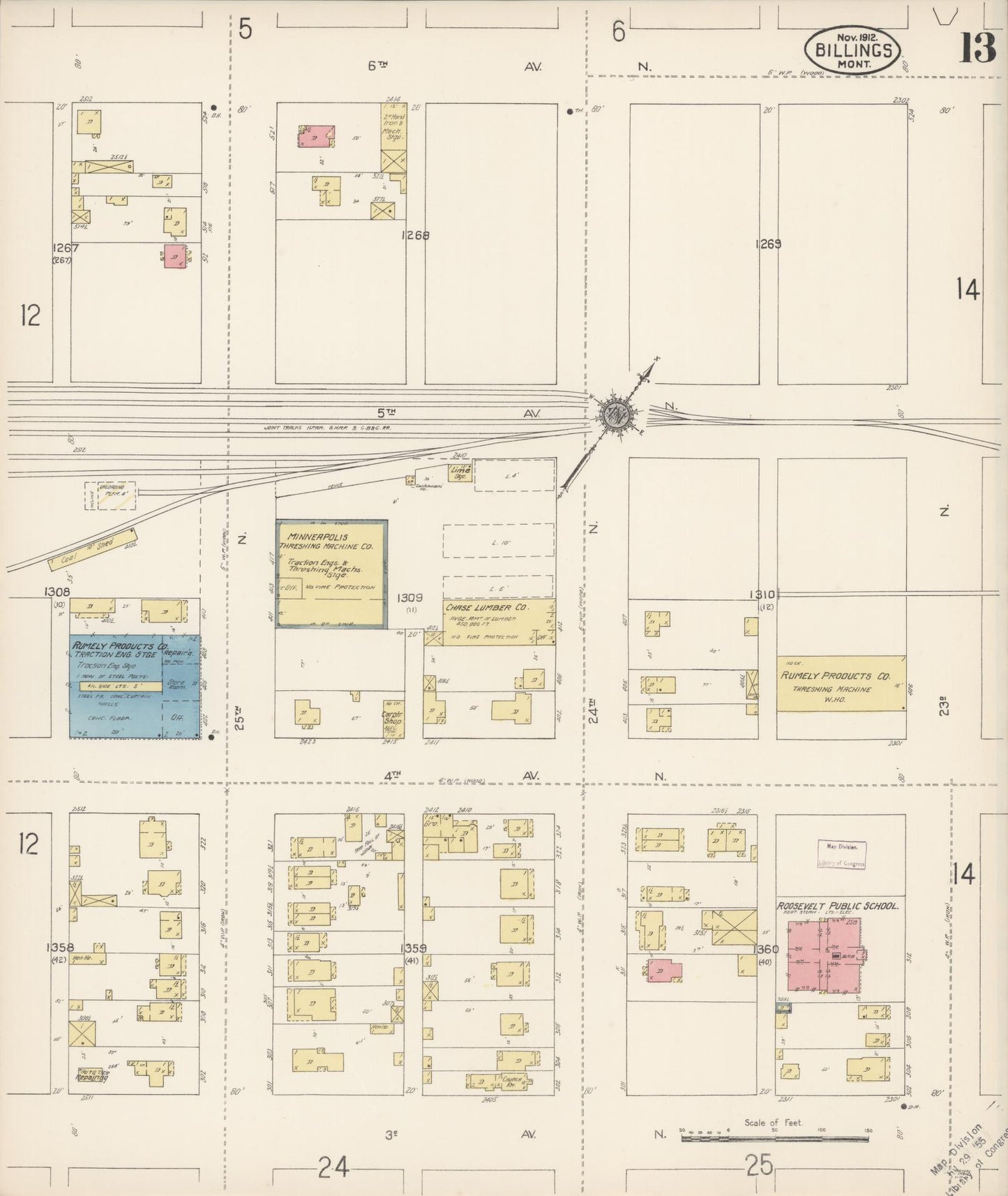 Sanborn Fire Insurance Map from Billings, Yellowstone County, Montana (1912), Sheet #0013 - Historic Sanborn Fire Insurance Map Print, vintage old map wall art, antique decor, genealogy gift, Montana Montana map