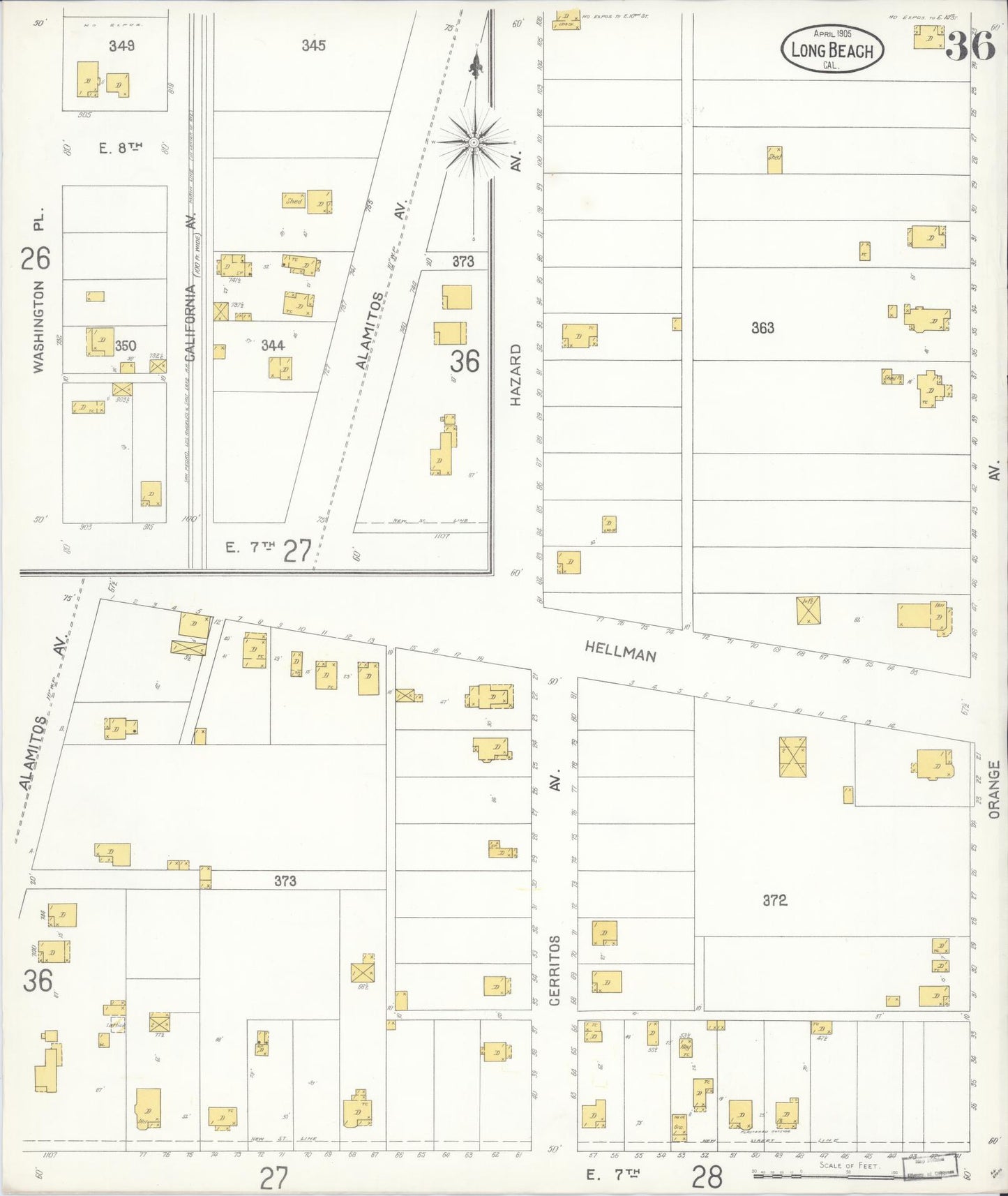 Sanborn Fire Insurance Map from Long Beach, Los Angeles County, California (1905), Sheet #0036 - Historic Sanborn Fire Insurance Map Print, vintage old map wall art, antique decor, genealogy gift, California California map