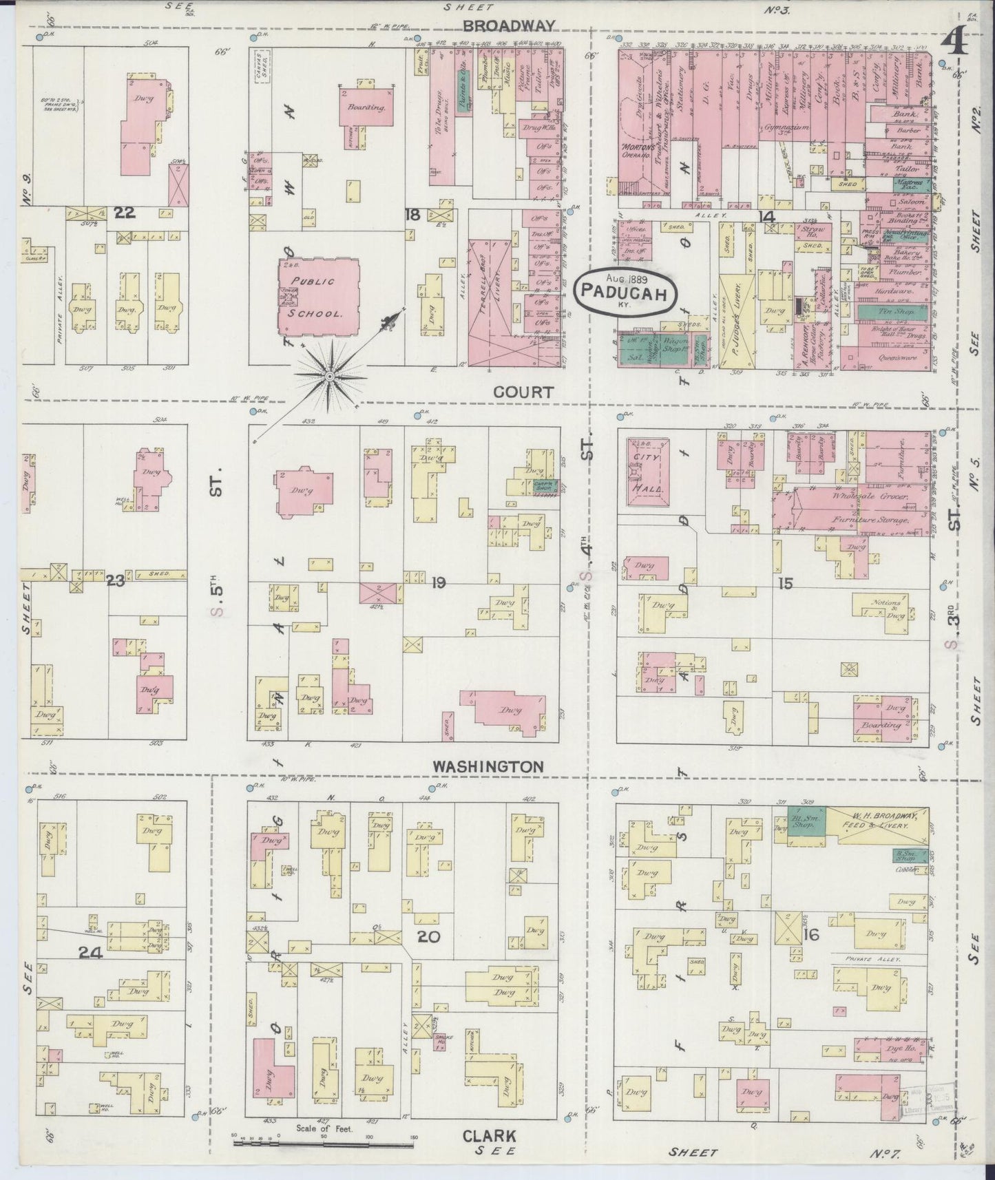 Sanborn Fire Insurance Map from Paducah, Mccraken County, Kentucky (1889), Sheet #0004 - Historic Sanborn Fire Insurance Map Print, vintage old map wall art, antique decor, genealogy gift, Kentucky Kentucky map