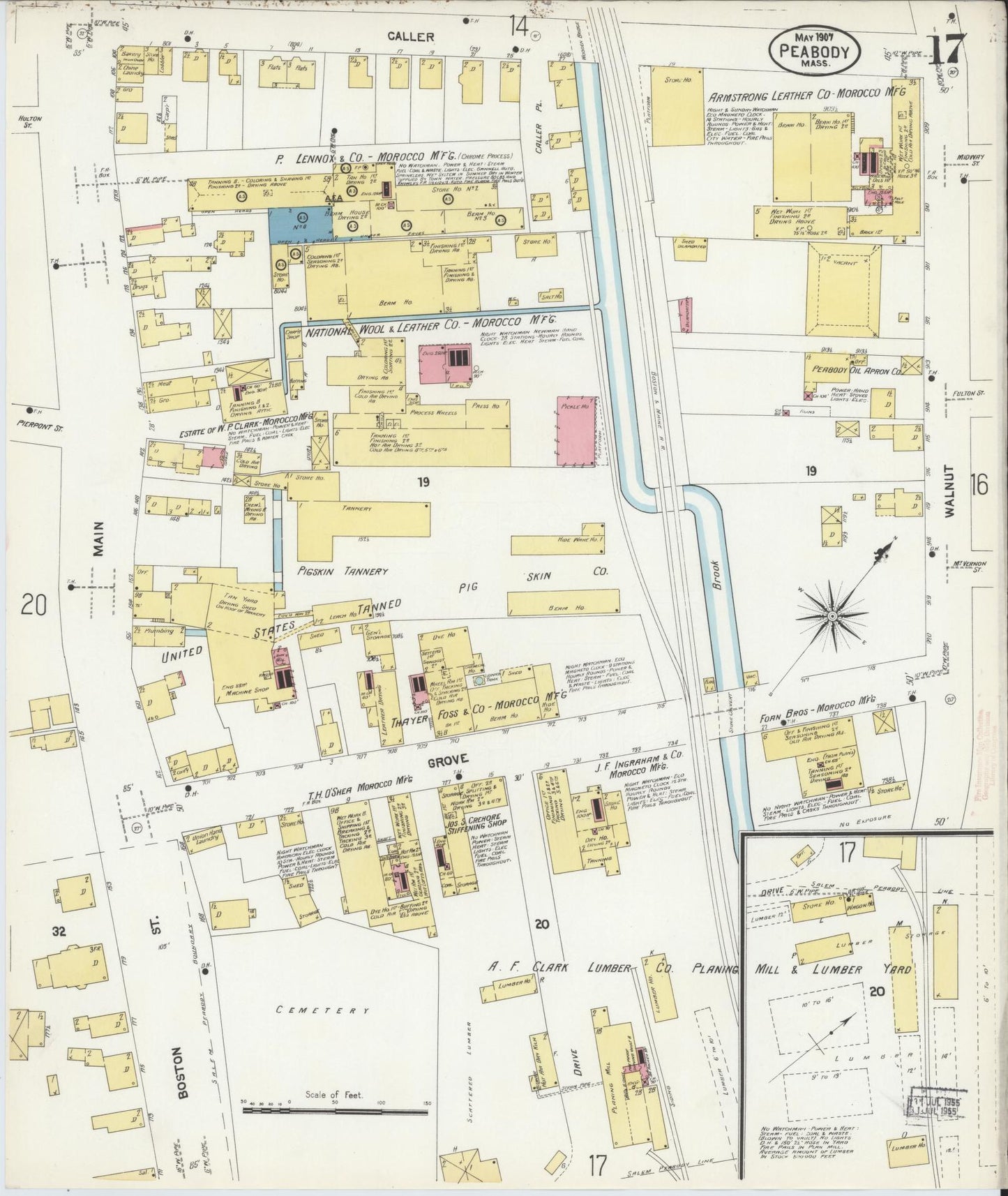 Sanborn Fire Insurance Map from Peabody, Essex County, Massachusetts (1907), Sheet #0017 - Historic Sanborn Fire Insurance Map Print, vintage old map wall art, antique decor, genealogy gift, Massachusetts Massachusetts map