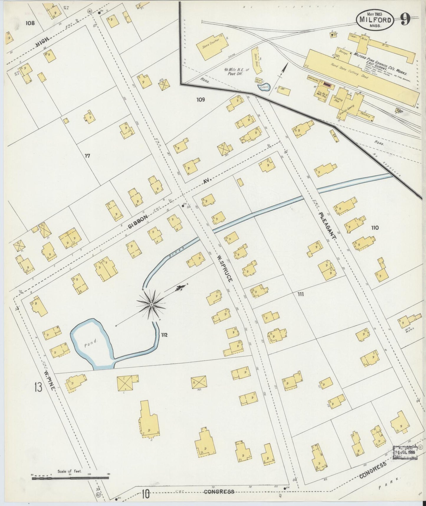 Sanborn Fire Insurance Map from Milford, Worcester County, Massachusetts (1903), Sheet #0009 - Historic Sanborn Fire Insurance Map Print, vintage old map wall art, antique decor, genealogy gift, Massachusetts Massachusetts map