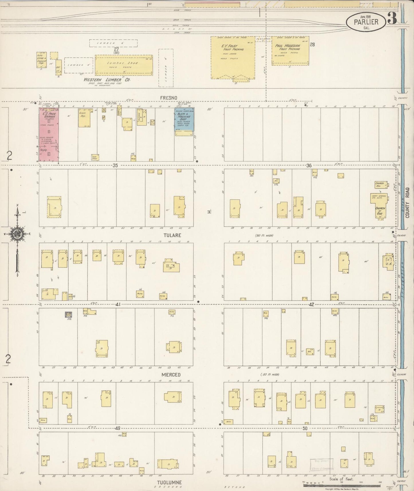 Sanborn Fire Insurance Map from Parlier, Fresno County, California (1919), Sheet #0003 - Complete Map Set gallery image, historic Sanborn map, vintage wall art, California California