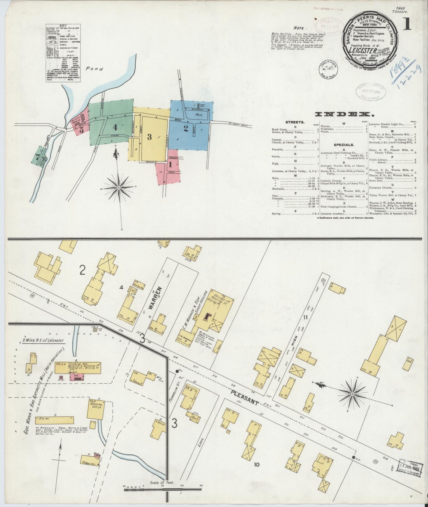 Sanborn Fire Insurance Map from Leicester, Worcester County, Massachusetts (1889), Sheet #0001 - Historic Sanborn Fire Insurance Map Print, vintage old map wall art, antique decor, genealogy gift, Massachusetts Massachusetts map
