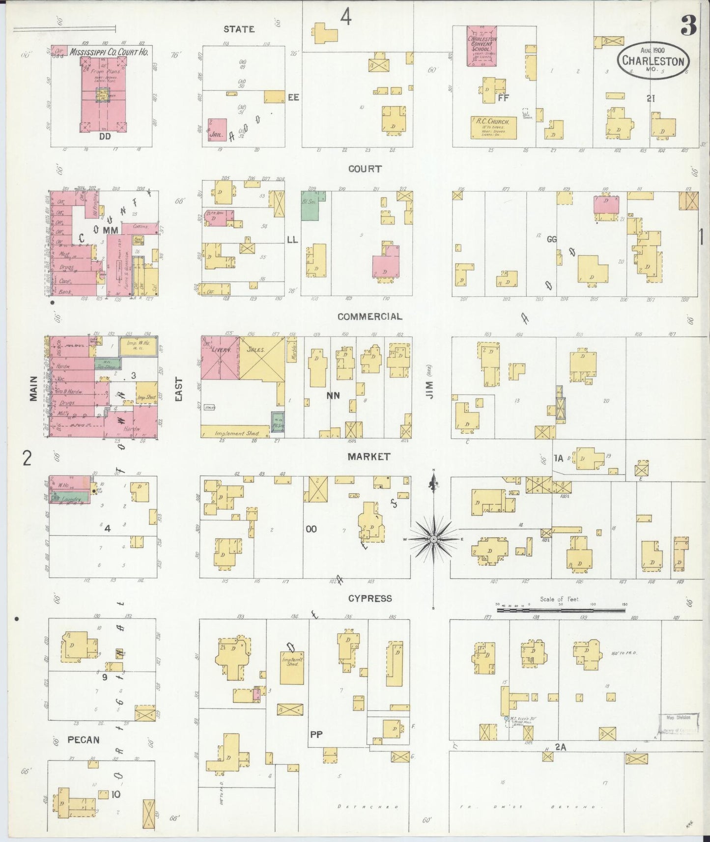 Sanborn Fire Insurance Map from Charleston, Mississippi County, Missouri (1900), Sheet #0003 - Historic Sanborn Fire Insurance Map Print, vintage old map wall art, antique decor, genealogy gift, Charleston Mississippi map
