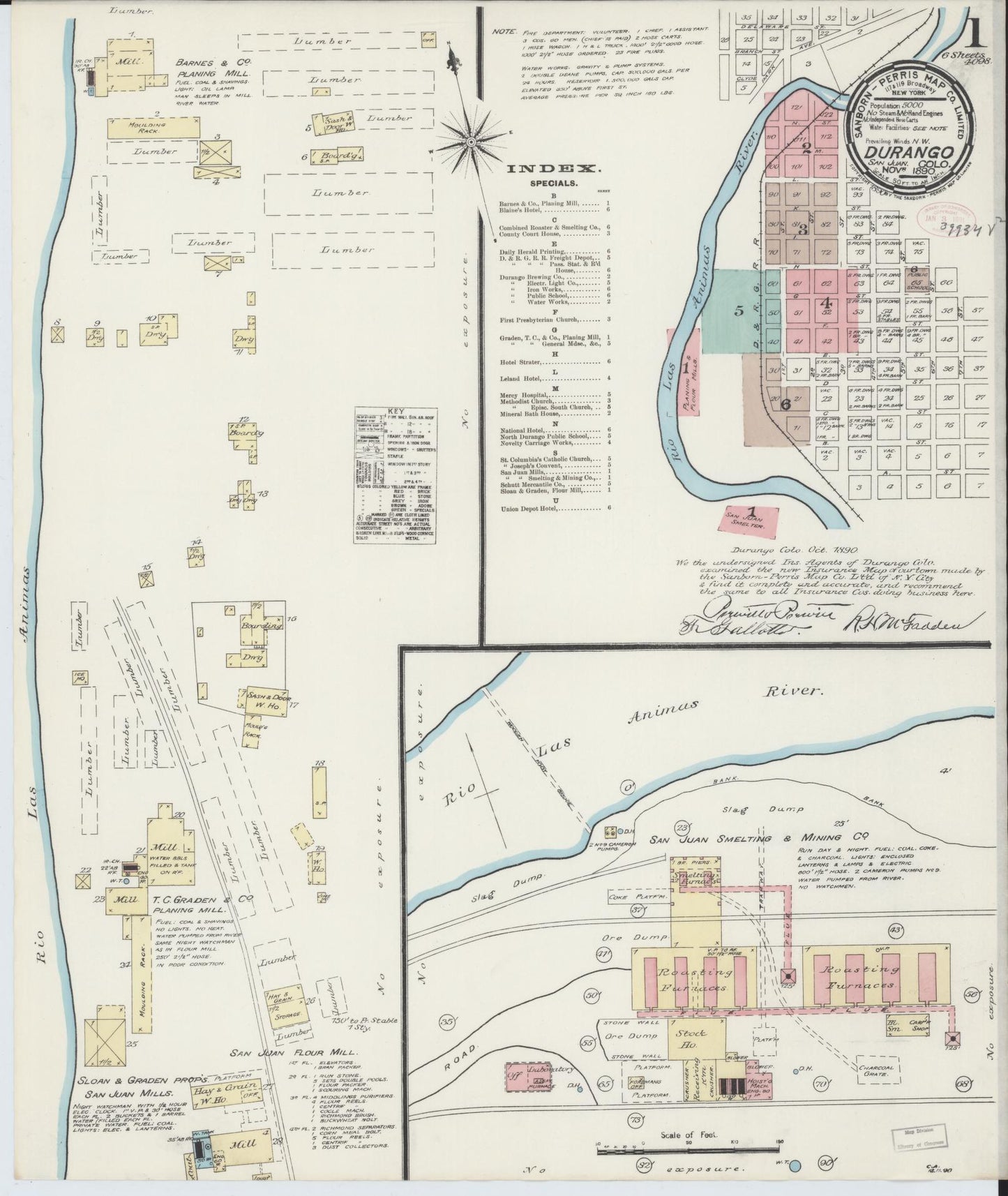 Sanborn Fire Insurance Map from Durango, La Plata County, Colorado (1890), Sheet #0001 - Historic Sanborn Fire Insurance Map Print, vintage old map wall art, antique decor, genealogy gift, Colorado Colorado map