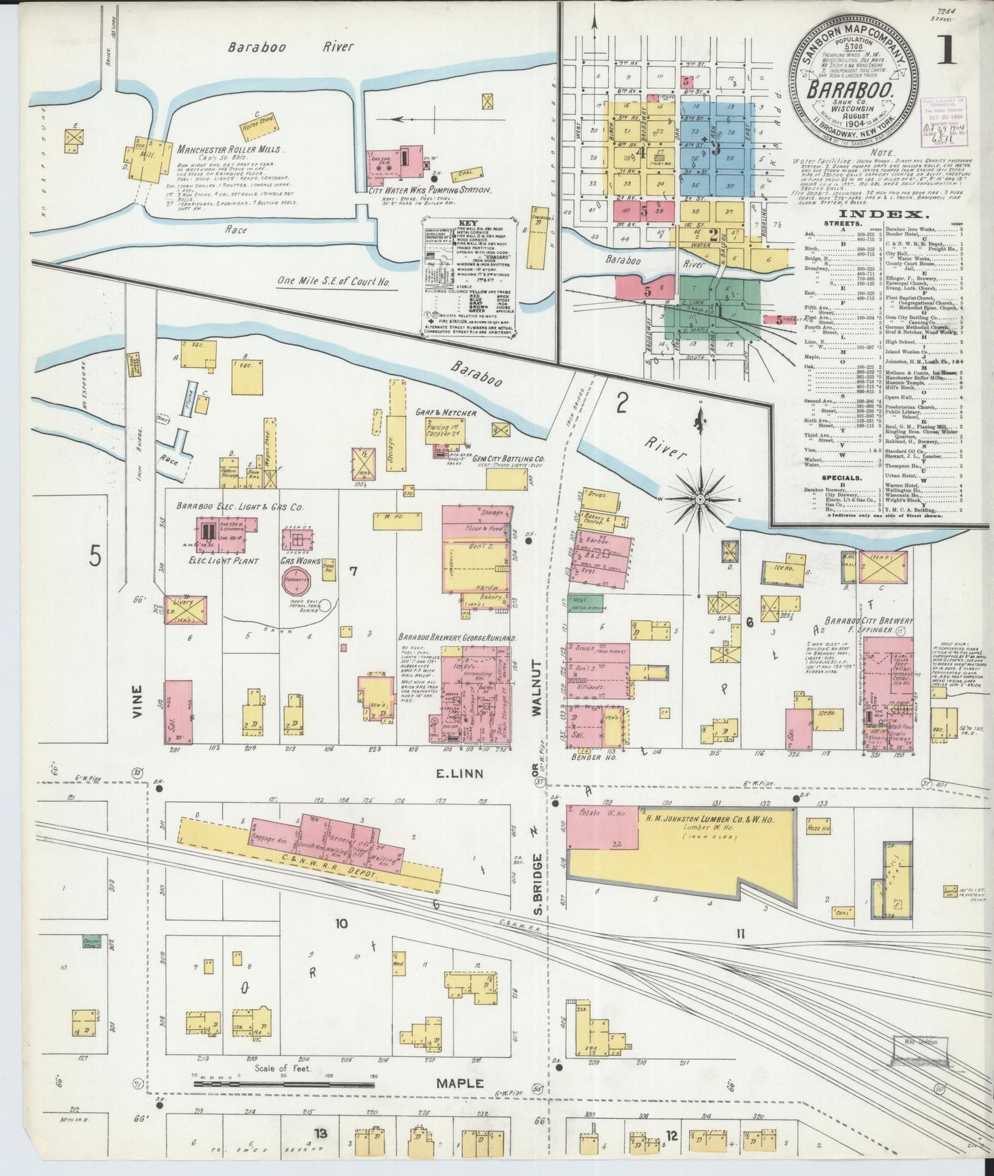 Sanborn Fire Insurance Map from Baraboo, Sauk County, Wisconsin (1904), Sheet #0001 - Historic Sanborn Fire Insurance Map Print, vintage old map wall art, antique decor, genealogy gift, Wisconsin Wisconsin map