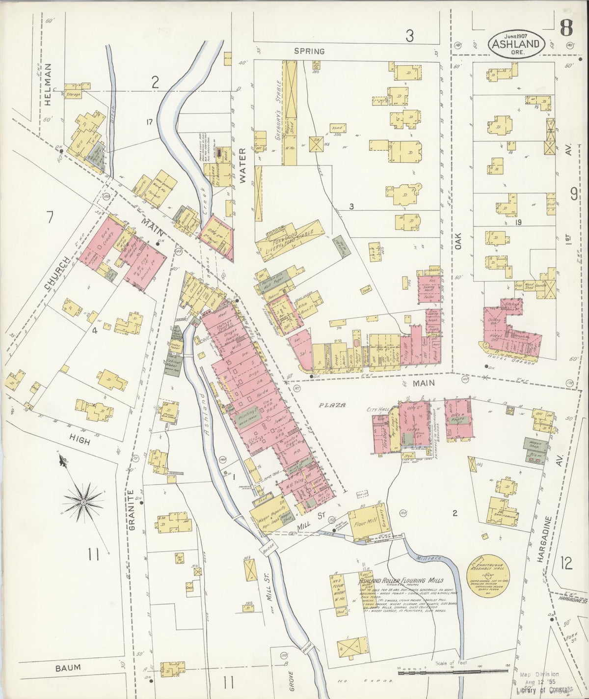 Sanborn Fire Insurance Map from Ashland, Jackson County, Oregon (1907), Sheet #0008 - Historic Sanborn Fire Insurance Map Print, vintage old map wall art, antique decor, genealogy gift, Oregon Oregon map