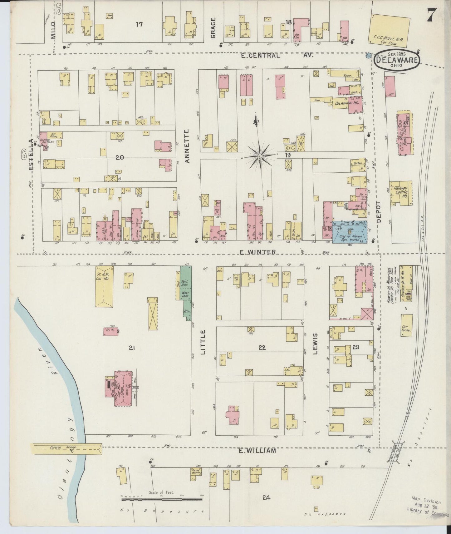 Sanborn Fire Insurance Map from Delaware, Delaware County, Ohio (1895), Sheet #0007 - Historic Sanborn Fire Insurance Map Print, vintage old map wall art, antique decor, genealogy gift, Sanborn Fire Insurance Map from Delaware Delaware map