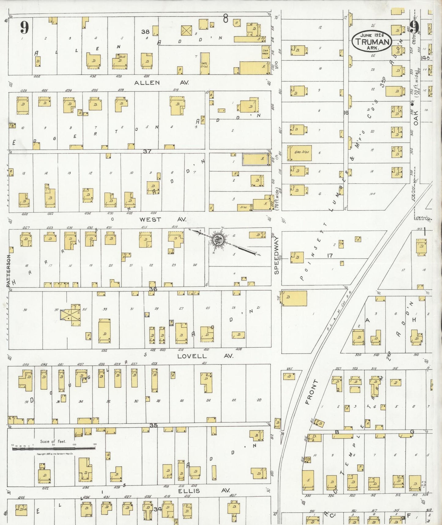 Sanborn Fire Insurance Map from Truman, Poinsett County, Arkansas (1926), Sheet #0009 - Historic Sanborn Fire Insurance Map Print, vintage old map wall art, antique decor, genealogy gift, Arkansas Arkansas map