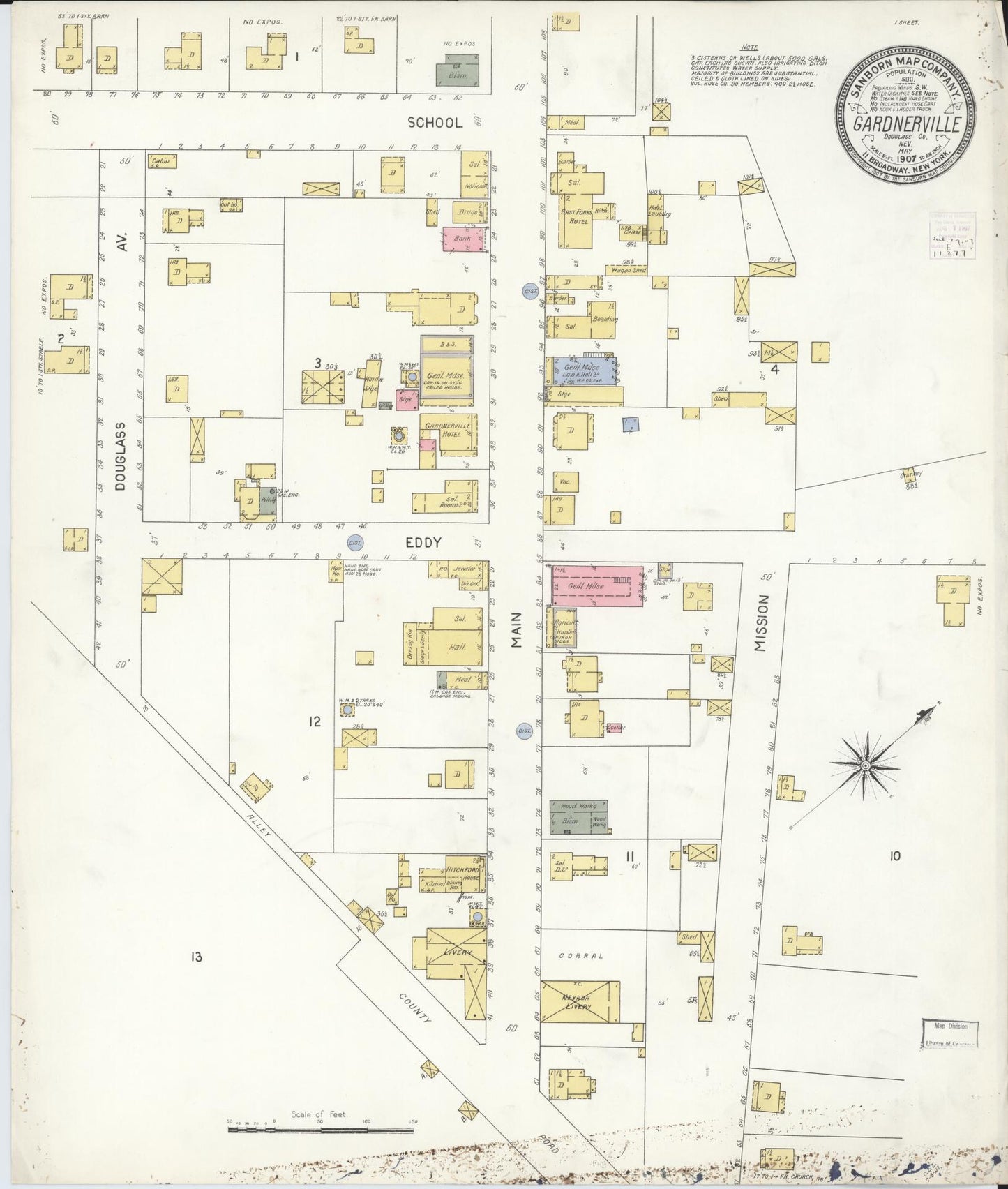 Sanborn Fire Insurance Map from Gardnerville, Douglas County, Nevada (1907), Sheet #0001 - Historic Sanborn Fire Insurance Map Print, vintage old map wall art, antique decor, genealogy gift, Nevada Nevada map