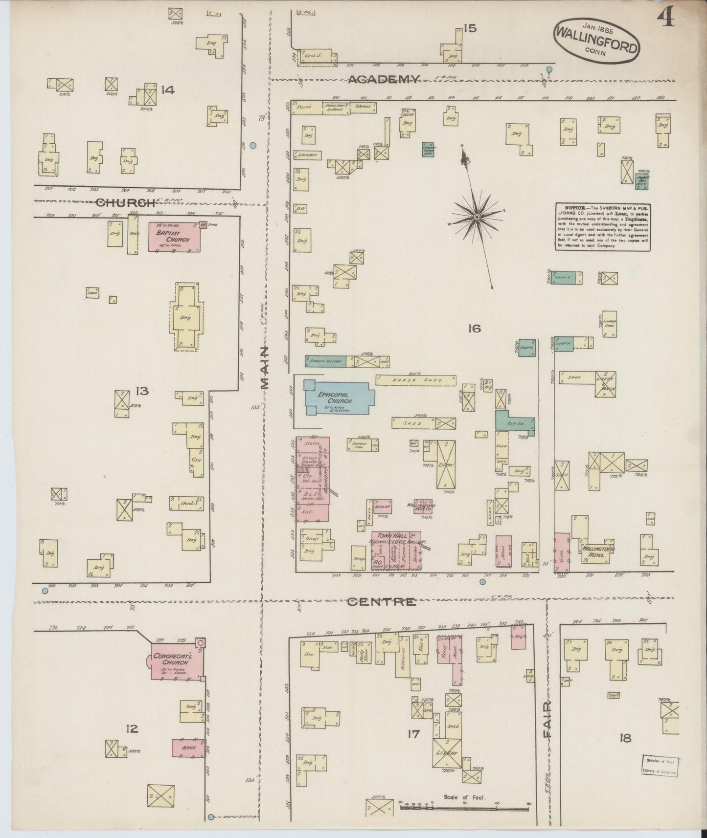 Sanborn Fire Insurance Map from Wallingford, New Haven County, Connecticut (1885), Sheet #0004 - Historic Sanborn Fire Insurance Map Print, vintage old map wall art, antique decor, genealogy gift, Connecticut Connecticut map