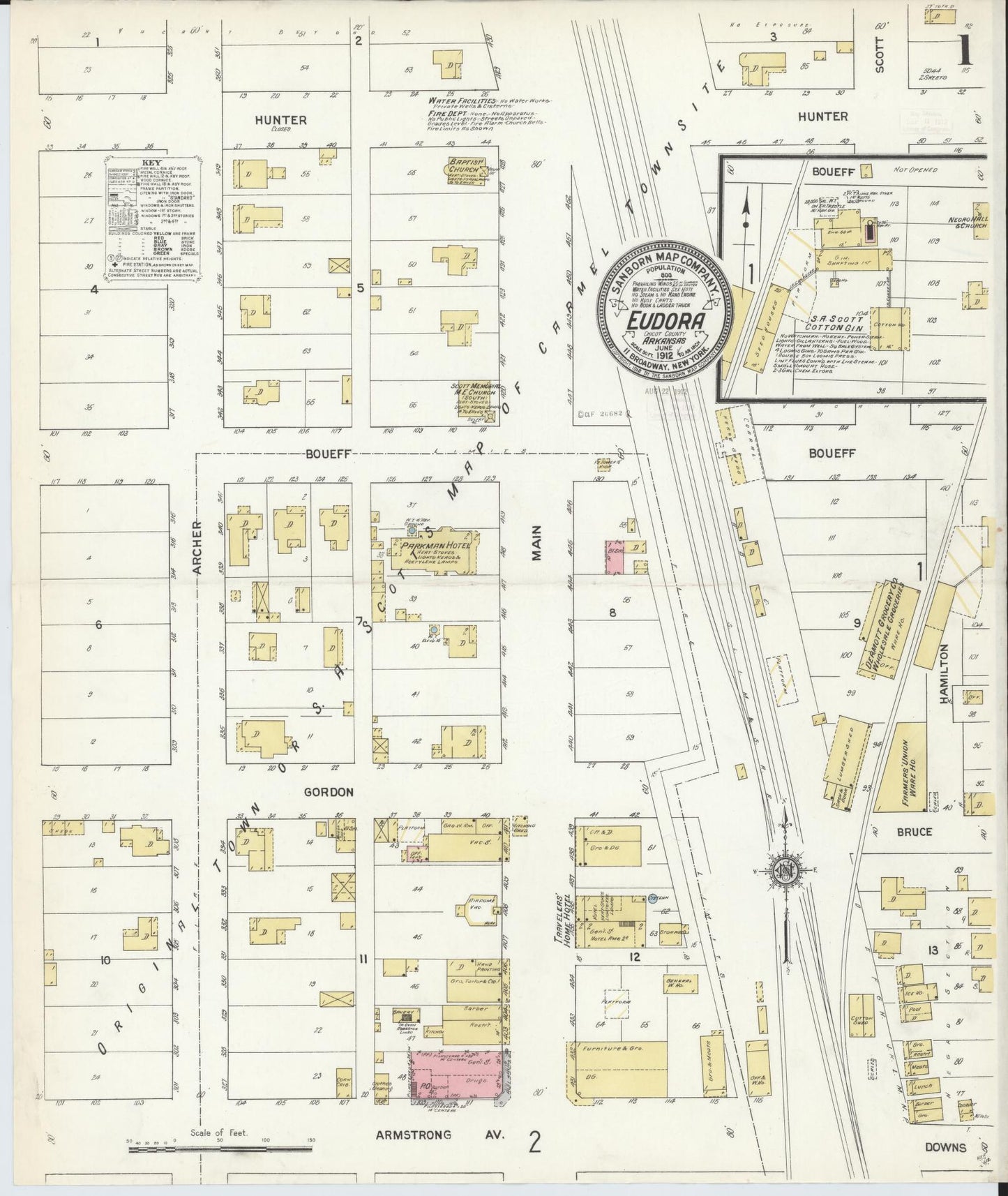 Sanborn Fire Insurance Map from Eudora, Chicot County, Arkansas (1912), Sheet #0001 - Historic Sanborn Fire Insurance Map Print, vintage old map wall art, antique decor, genealogy gift, Arkansas Arkansas map