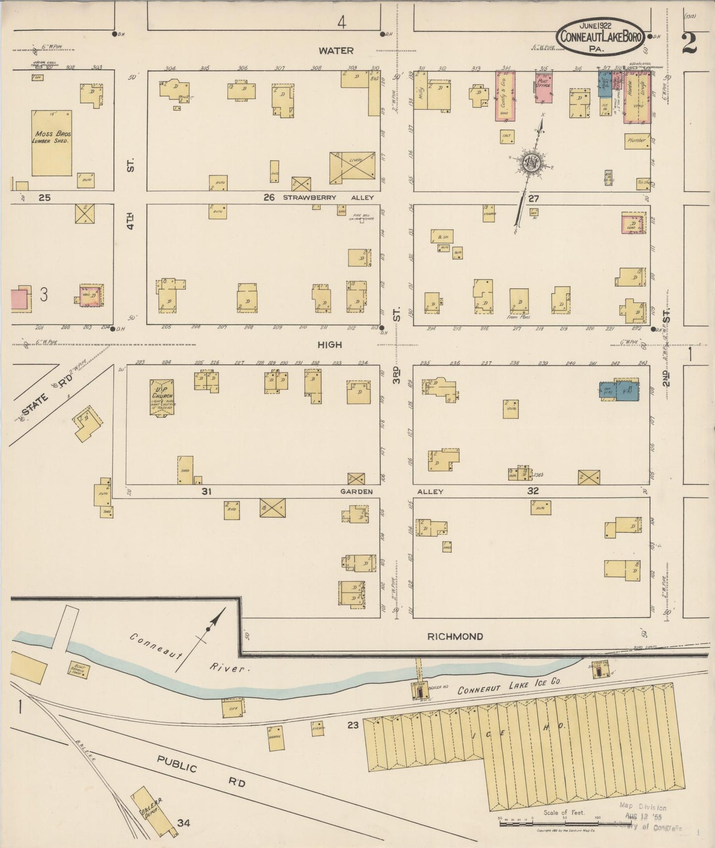 Sanborn Fire Insurance Map from Conneaut Lake Borough, Crawford County, Pennsylvania (1922), Sheet #0002 - Historic Sanborn Fire Insurance Map Print, vintage old map wall art, antique decor, genealogy gift, Pennsylvania Pennsylvania map