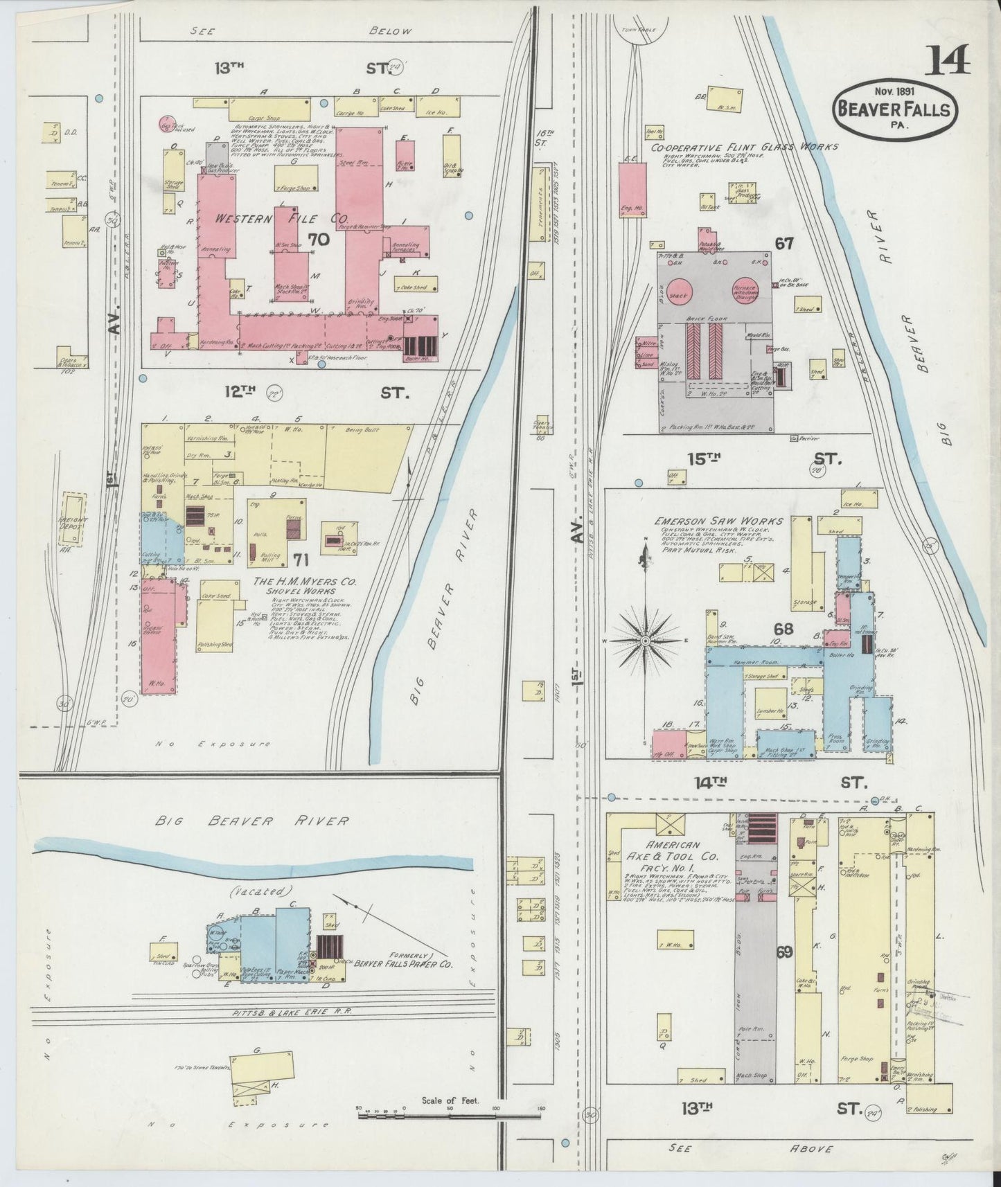 Sanborn Fire Insurance Map from Beaver Falls, Beaver County, Pennsylvania (1891), Sheet #0014 - Historic Sanborn Fire Insurance Map Print, vintage old map wall art, antique decor, genealogy gift, Pennsylvania Pennsylvania map