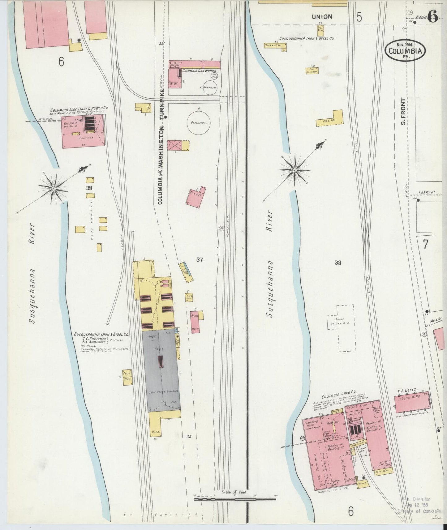 Sanborn Fire Insurance Map from Columbia, Lancaster County, Pennsylvania (1904), Sheet #0006 - Historic Sanborn Fire Insurance Map Print, vintage old map wall art, antique decor, genealogy gift, Pennsylvania Pennsylvania map