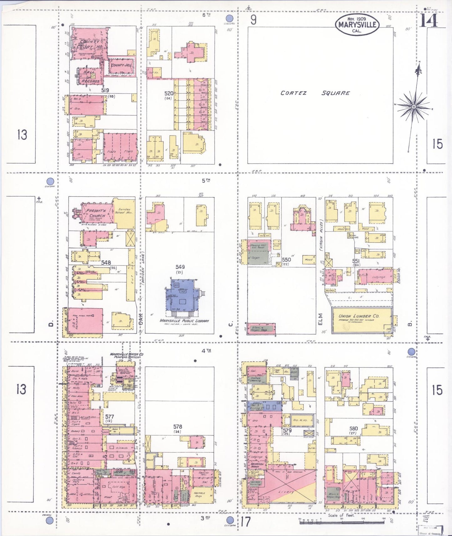 Sanborn Fire Insurance Map from Marysville, Yuba County, California (1909), Sheet #0014 - Historic Sanborn Fire Insurance Map Print, vintage old map wall art, antique decor, genealogy gift, California California map