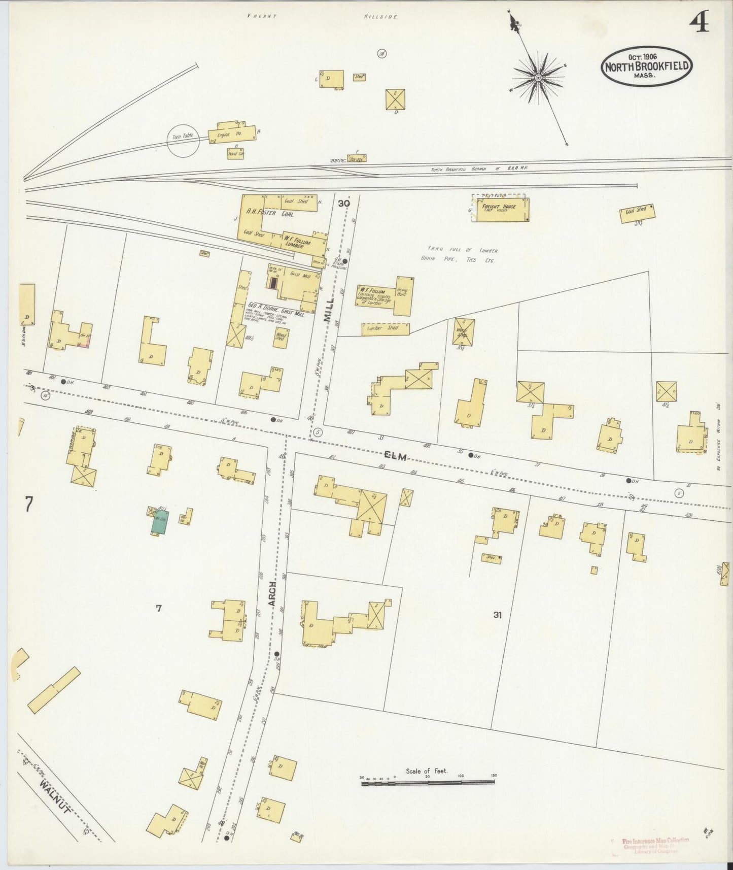 Sanborn Fire Insurance Map from North Brookfield, Worcester County, Massachusetts (1906), Sheet #0004 - Historic Sanborn Fire Insurance Map Print, vintage old map wall art, antique decor, genealogy gift, Massachusetts Massachusetts map