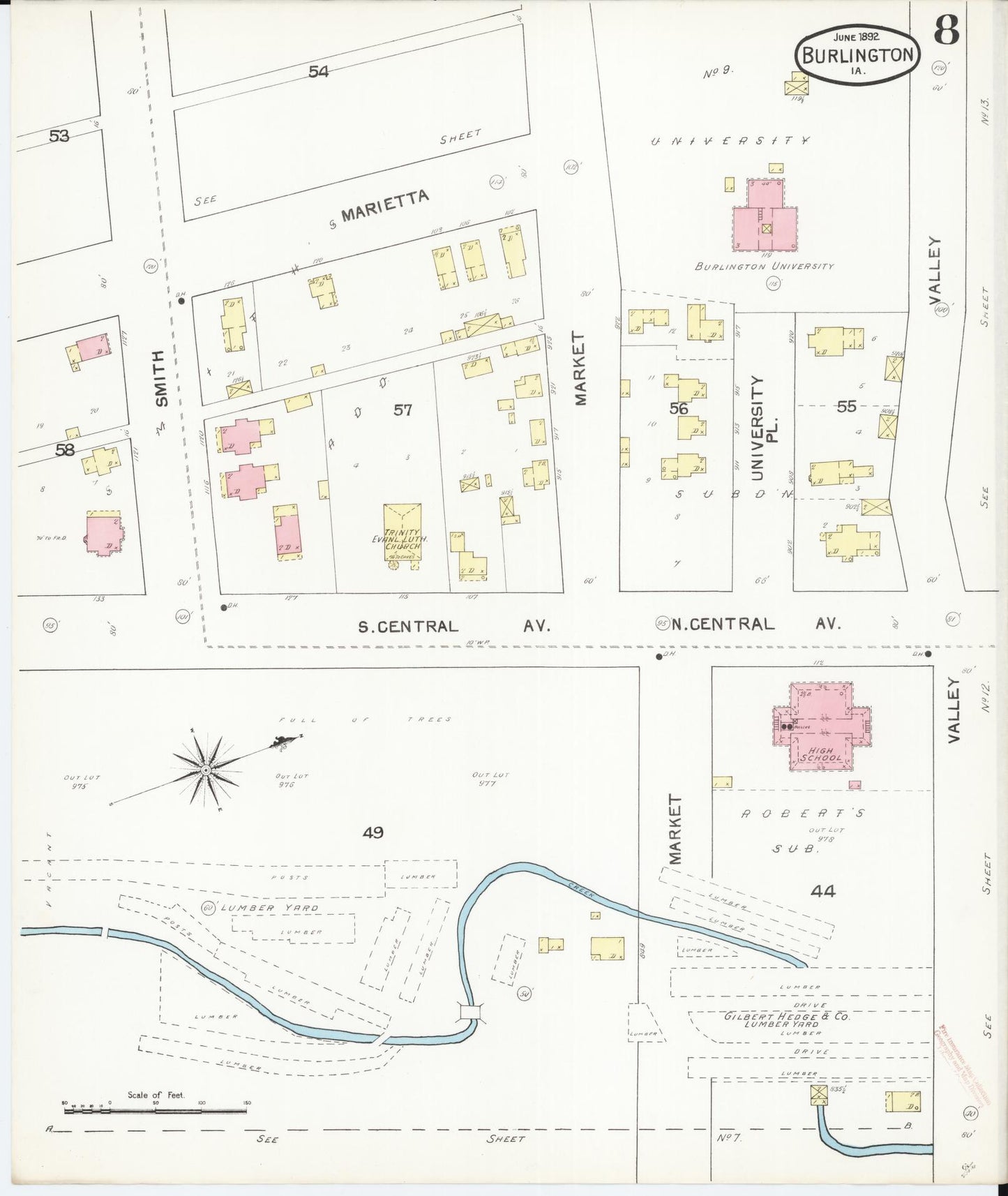 Sanborn Fire Insurance Map from Burlington, Des Moines County, Iowa (1892), Sheet #0008 - Historic Sanborn Fire Insurance Map Print, vintage old map wall art