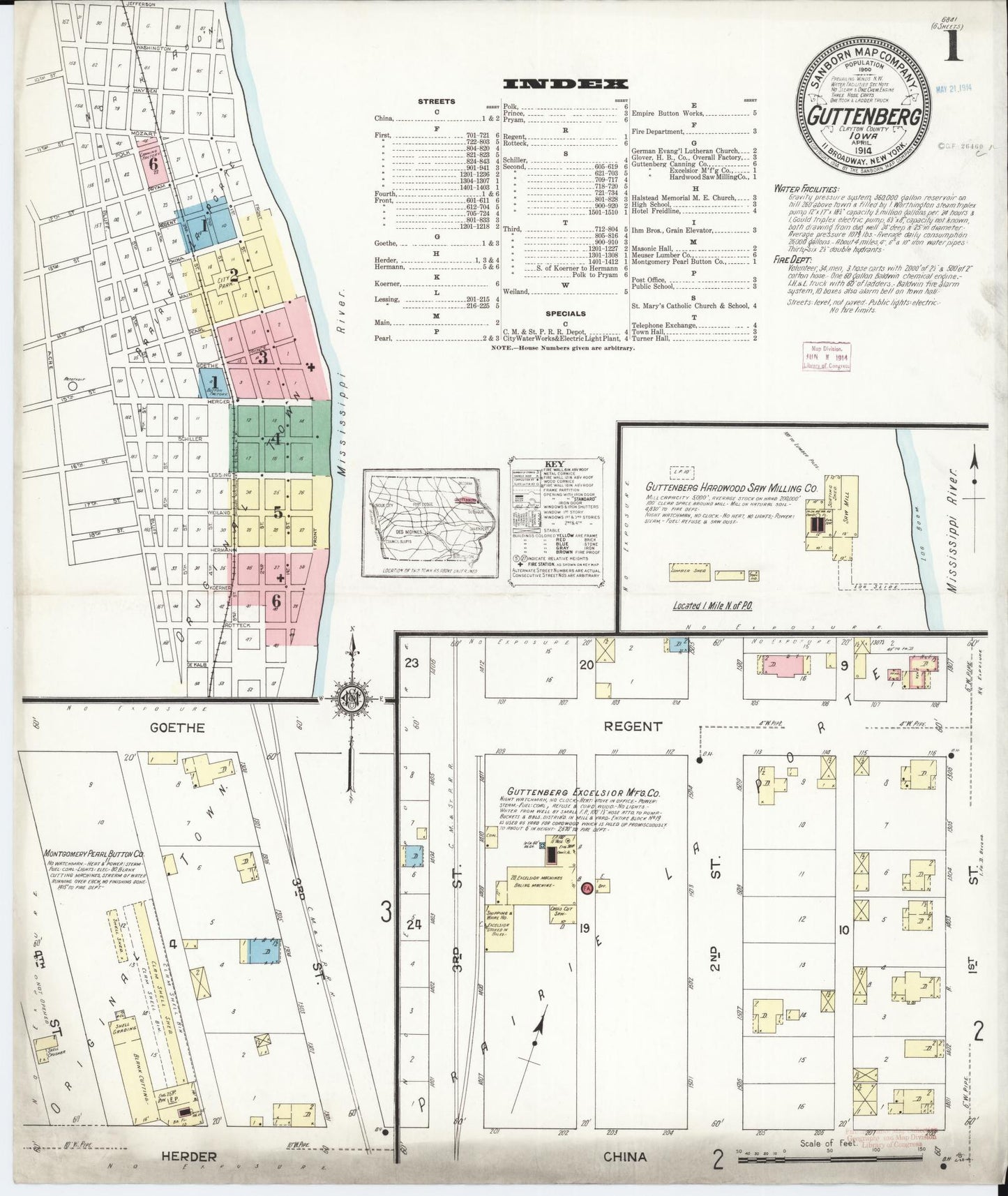 Sanborn Fire Insurance Map from Guttenberg, Clayton County, Iowa (1914), Sheet #0001 - Historic Sanborn Fire Insurance Map Print, vintage old map wall art