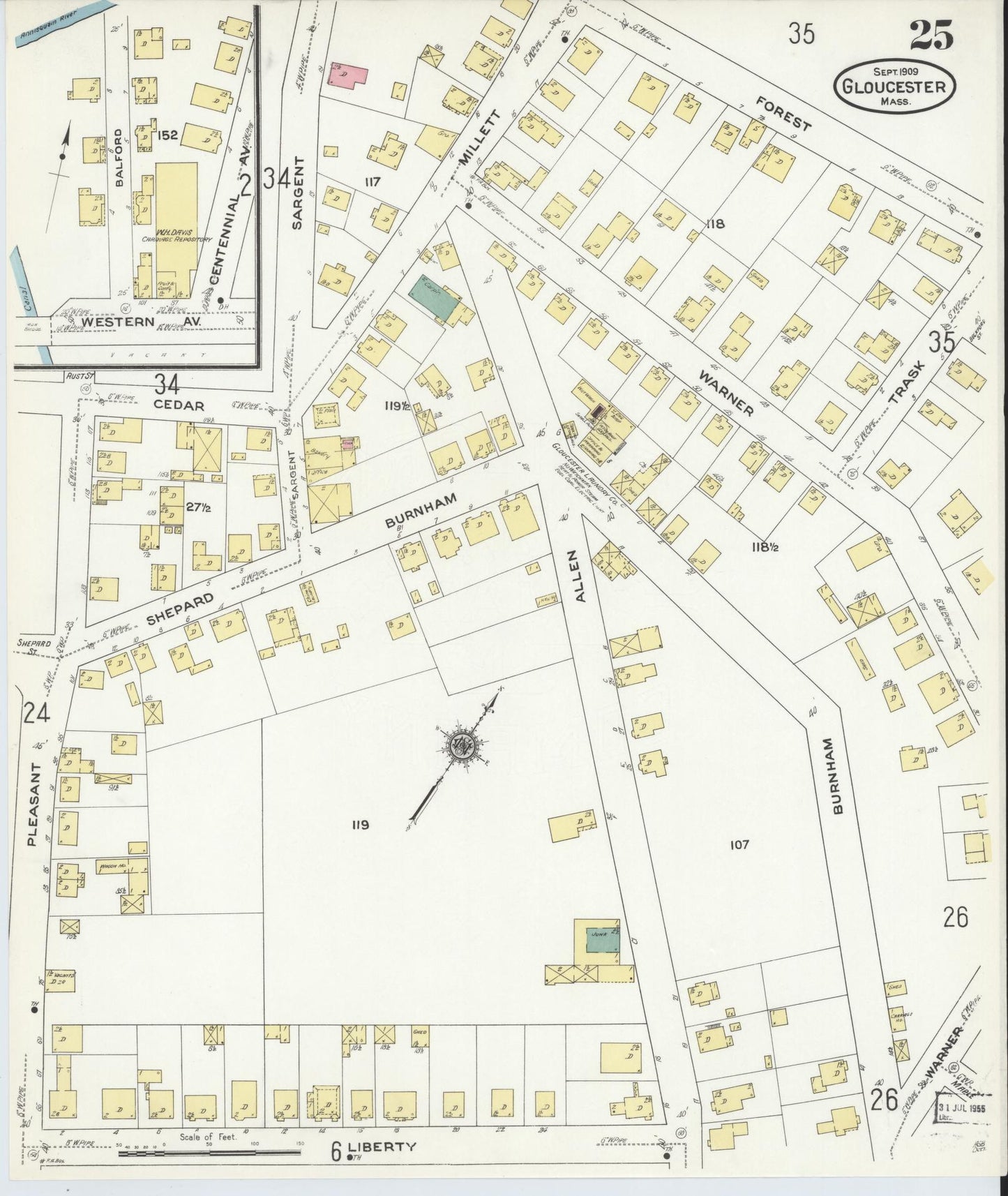 Sanborn Fire Insurance Map from Gloucester, Essex County, Massachusetts (1909), Sheet #0025 - Historic Sanborn Fire Insurance Map Print, vintage old map wall art, antique decor, genealogy gift, Massachusetts Massachusetts map