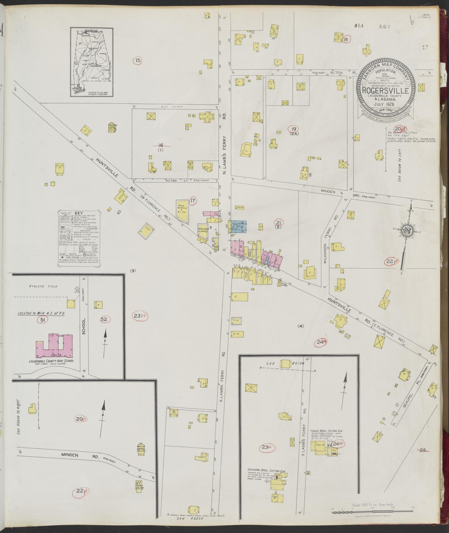 Sanborn Fire Insurance Map from Rogersville, Lauderdale County, Alabama (1928), Sheet #0001 - Historic Sanborn Fire Insurance Map Print, vintage old map wall art, antique decor, genealogy gift, Alabama Alabama map