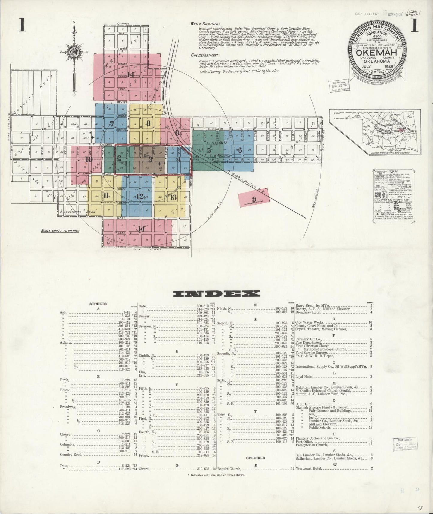 Sanborn Fire Insurance Map from Okemah, Okfuskee County, Oklahoma (1923), Sheet #0001 - Historic Sanborn Fire Insurance Map Print, vintage old map wall art, antique decor, genealogy gift, Oklahoma Oklahoma map
