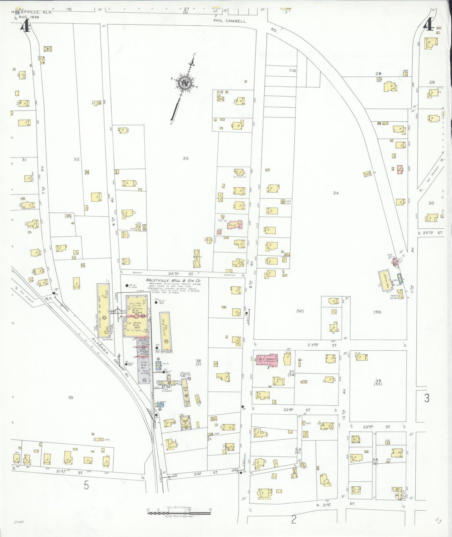 Sanborn Fire Insurance Map from Haleyville, Winston County, Alabama (1939), Sheet #0004 - Historic Sanborn Fire Insurance Map Print, vintage old map wall art, antique decor, genealogy gift, Alabama Alabama map