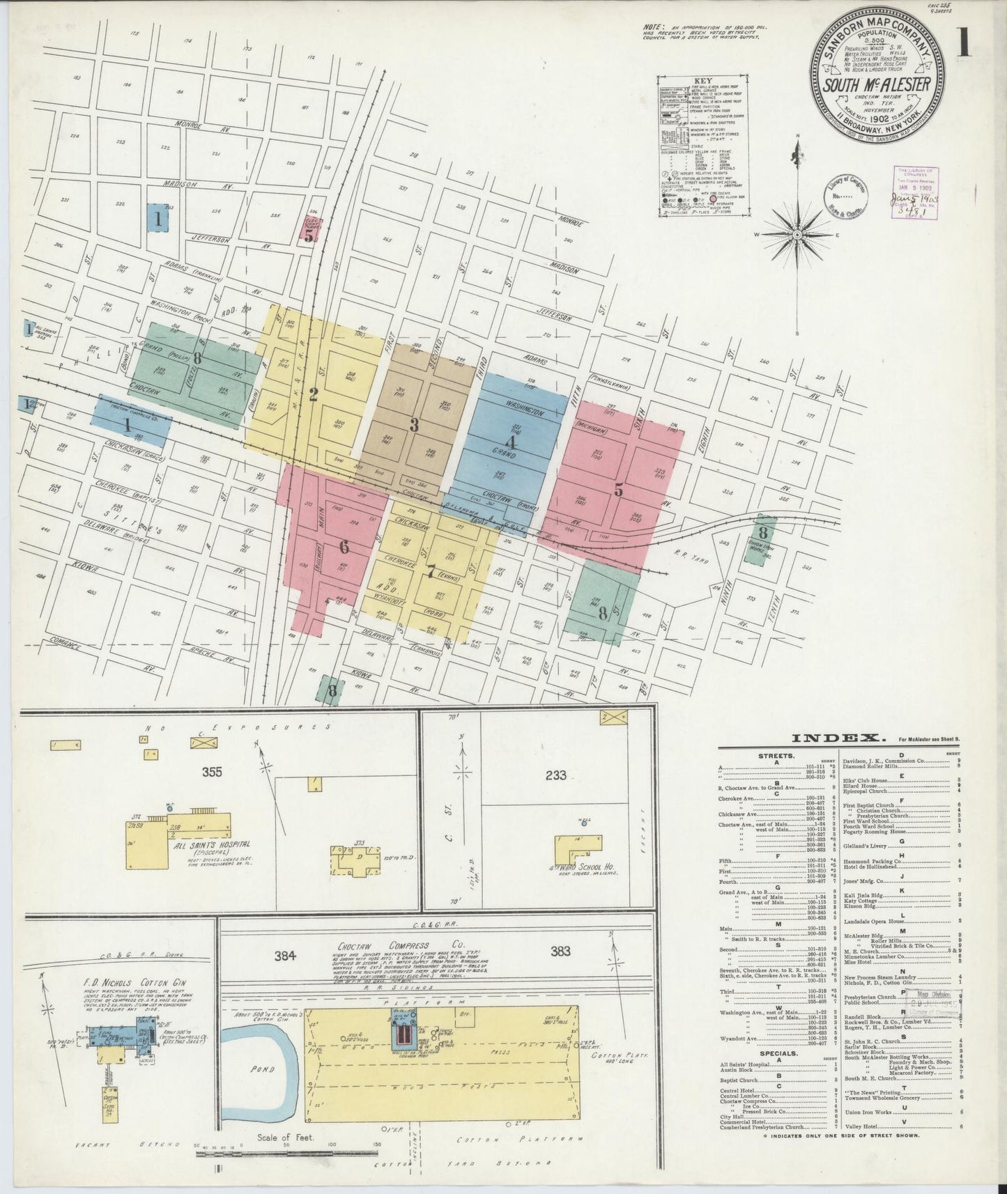 Sanborn Fire Insurance Map from South McAlester, Pittsburg County, Oklahoma (1902), Sheet #0001 - Historic Sanborn Fire Insurance Map Print, vintage old map wall art, antique decor, genealogy gift, Oklahoma Oklahoma map