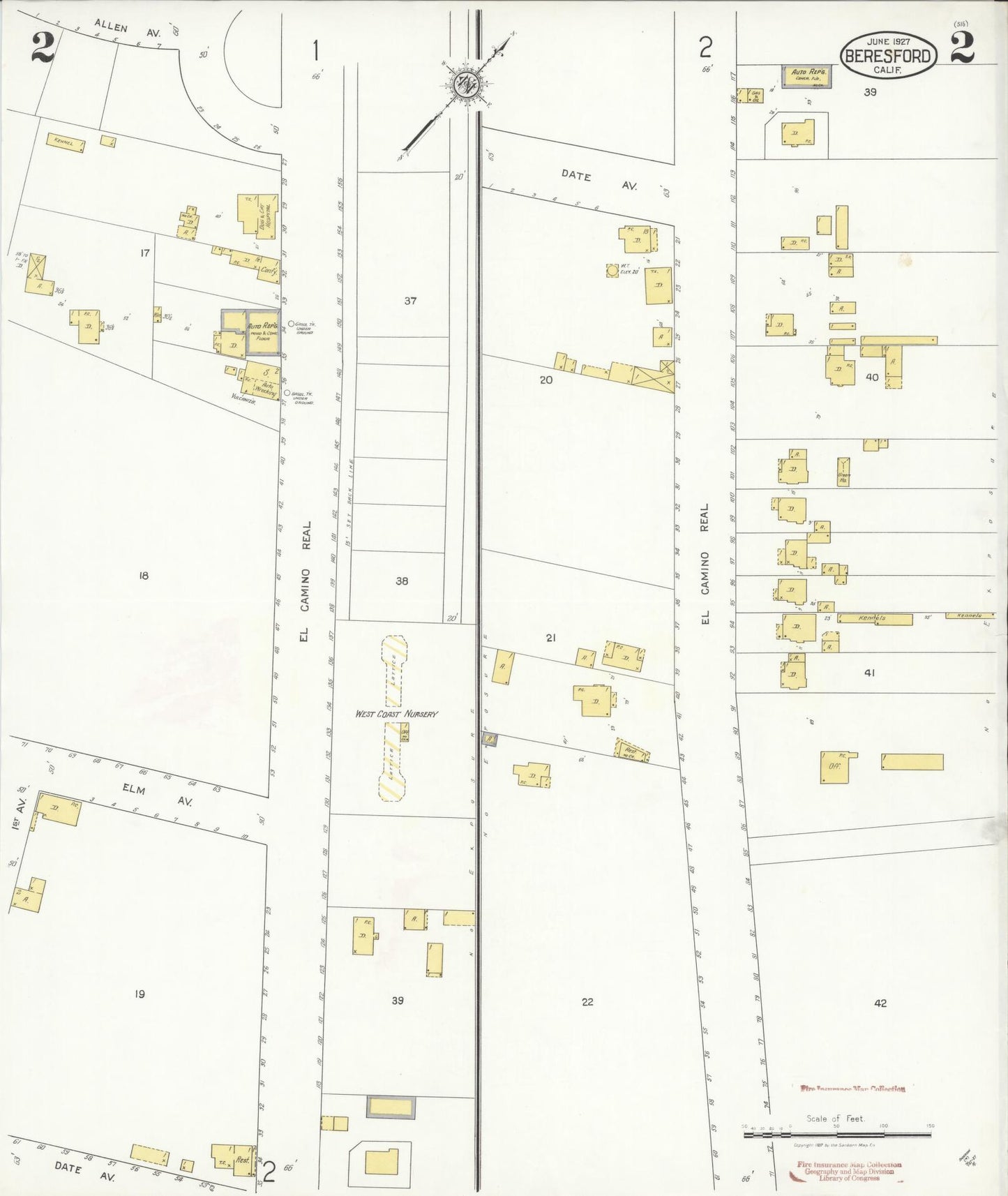 Sanborn Fire Insurance Map from Beresford, San Mateo County, California (1927), Sheet #0002 - Historic Sanborn Fire Insurance Map Print, vintage old map wall art, antique decor, genealogy gift, California California map