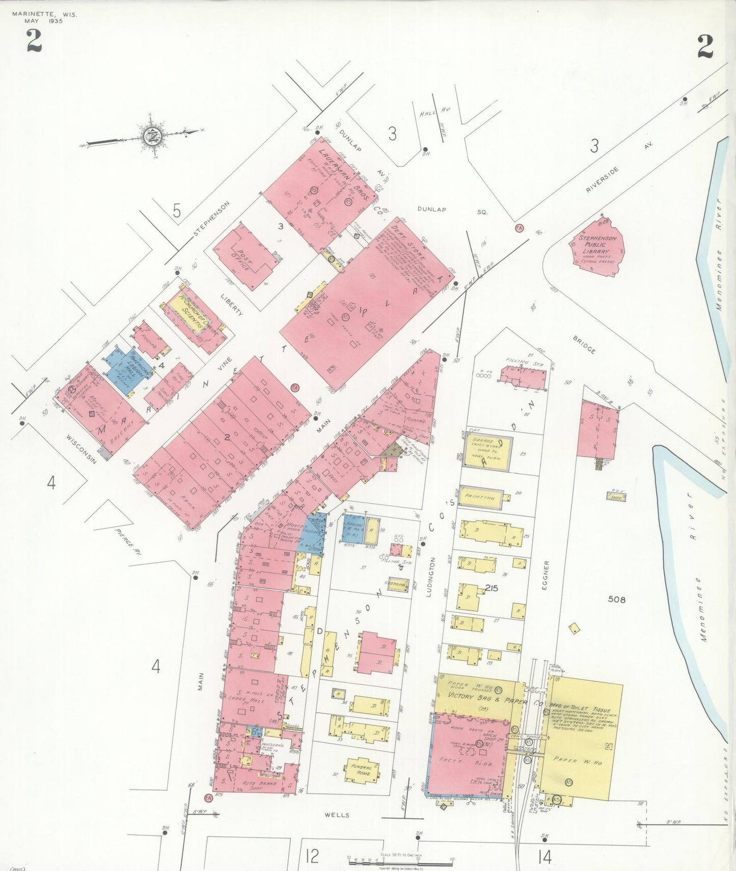 Sanborn Fire Insurance Map from Marinette, Marinette County, Wisconsin (1935), Sheet #0002 - Historic Sanborn Fire Insurance Map Print, vintage old map wall art, antique decor, genealogy gift, Wisconsin Wisconsin map
